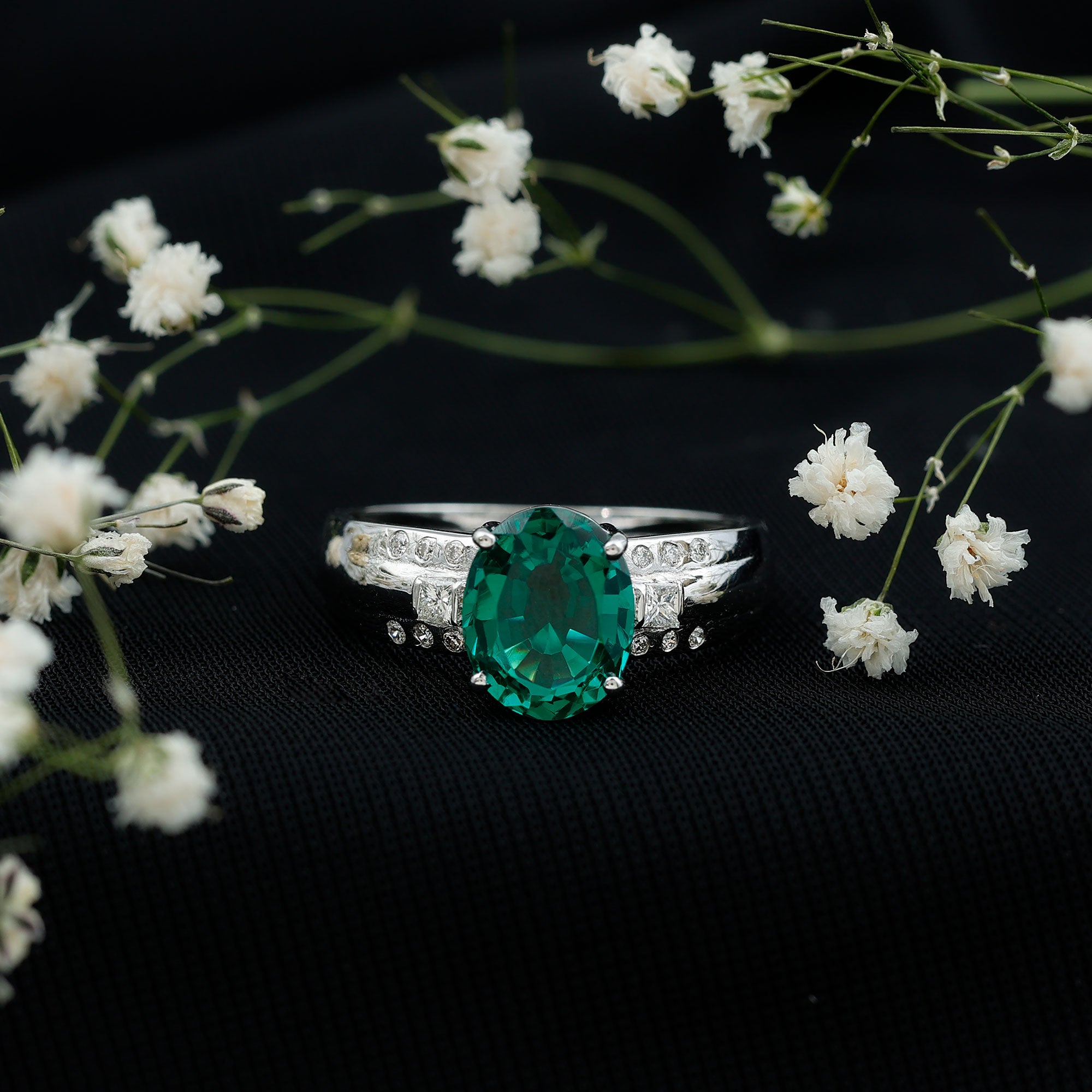 Solitaire Lab Grown Emerald Oval Engagement Ring with Diamond