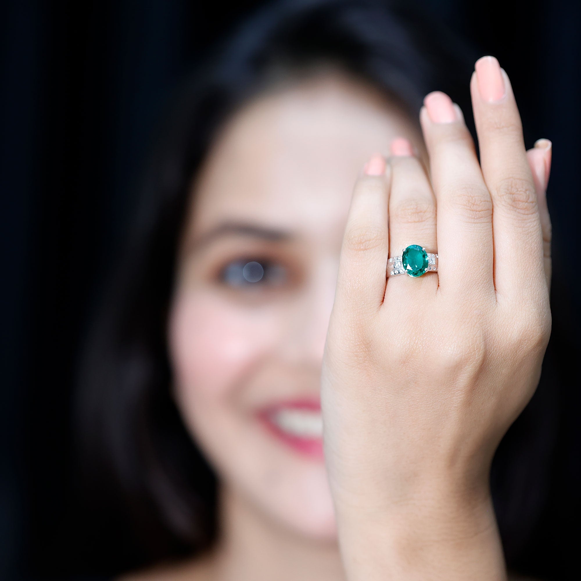Solitaire Lab Grown Emerald Oval Engagement Ring with Diamond