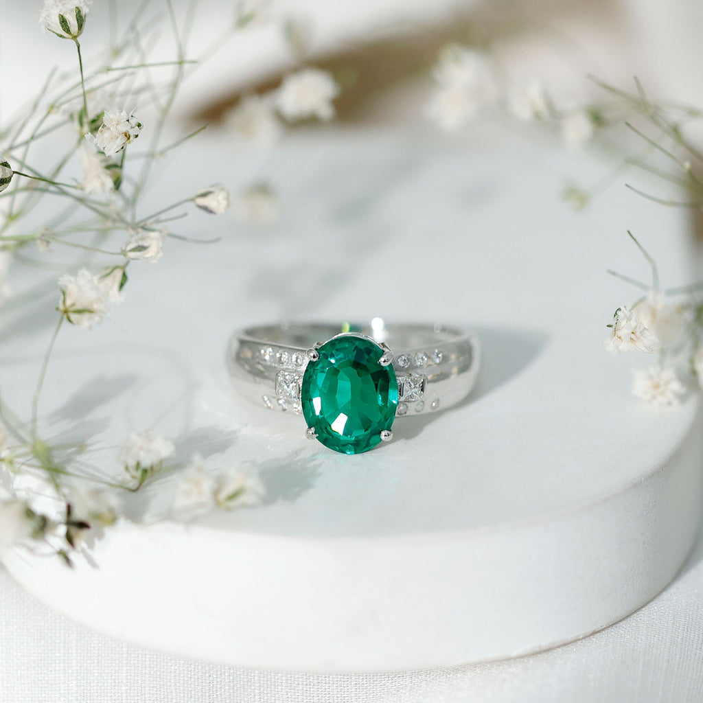 Solitaire Lab Grown Emerald Oval Engagement Ring with Diamond