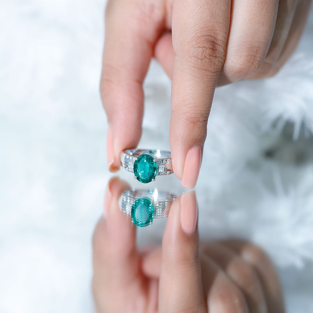Solitaire Lab Grown Emerald Oval Engagement Ring with Diamond