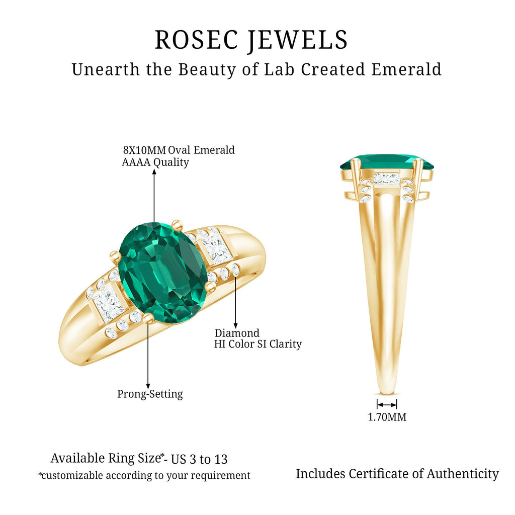 Solitaire Lab Grown Emerald Oval Engagement Ring with Diamond
