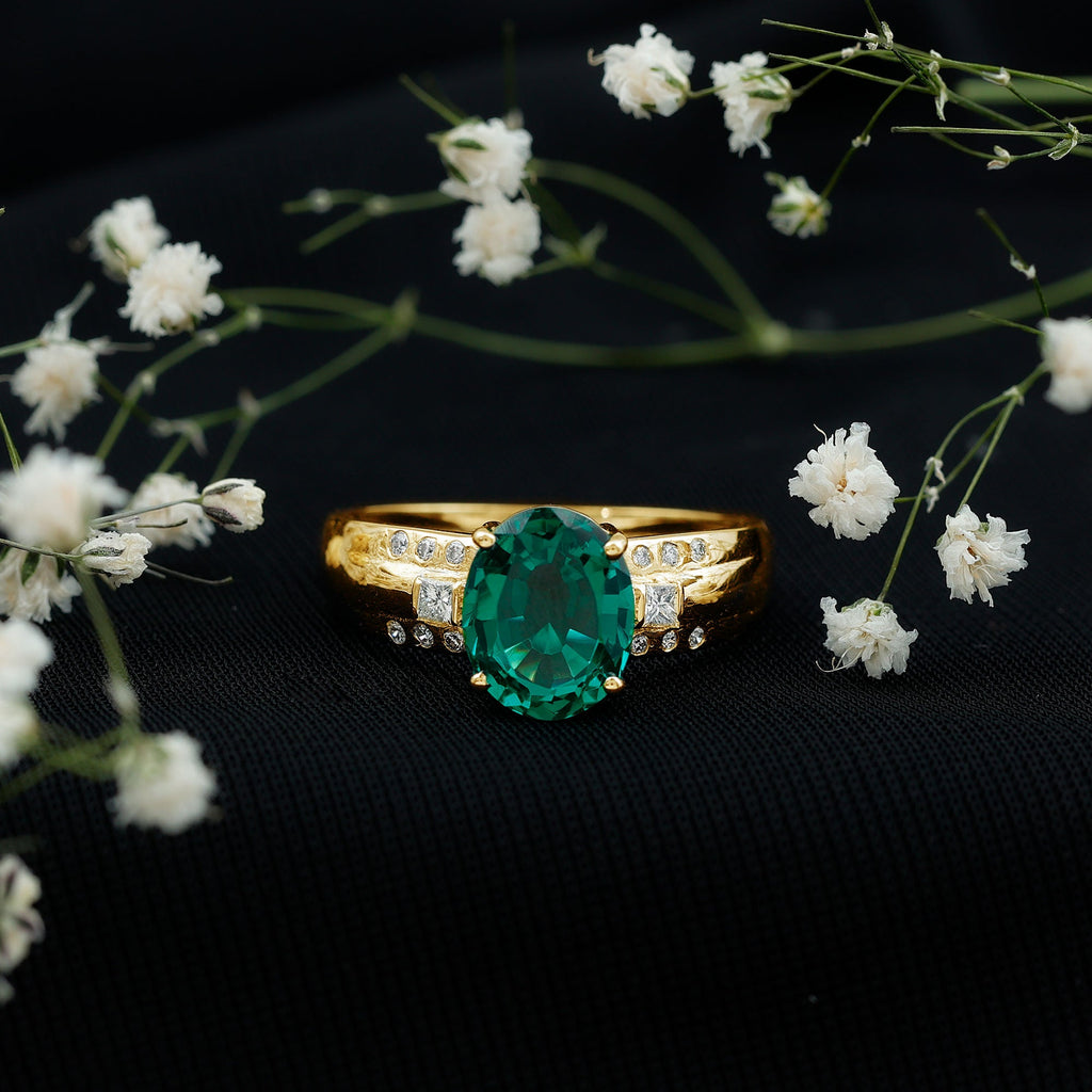 Solitaire Lab Grown Emerald Oval Engagement Ring with Diamond