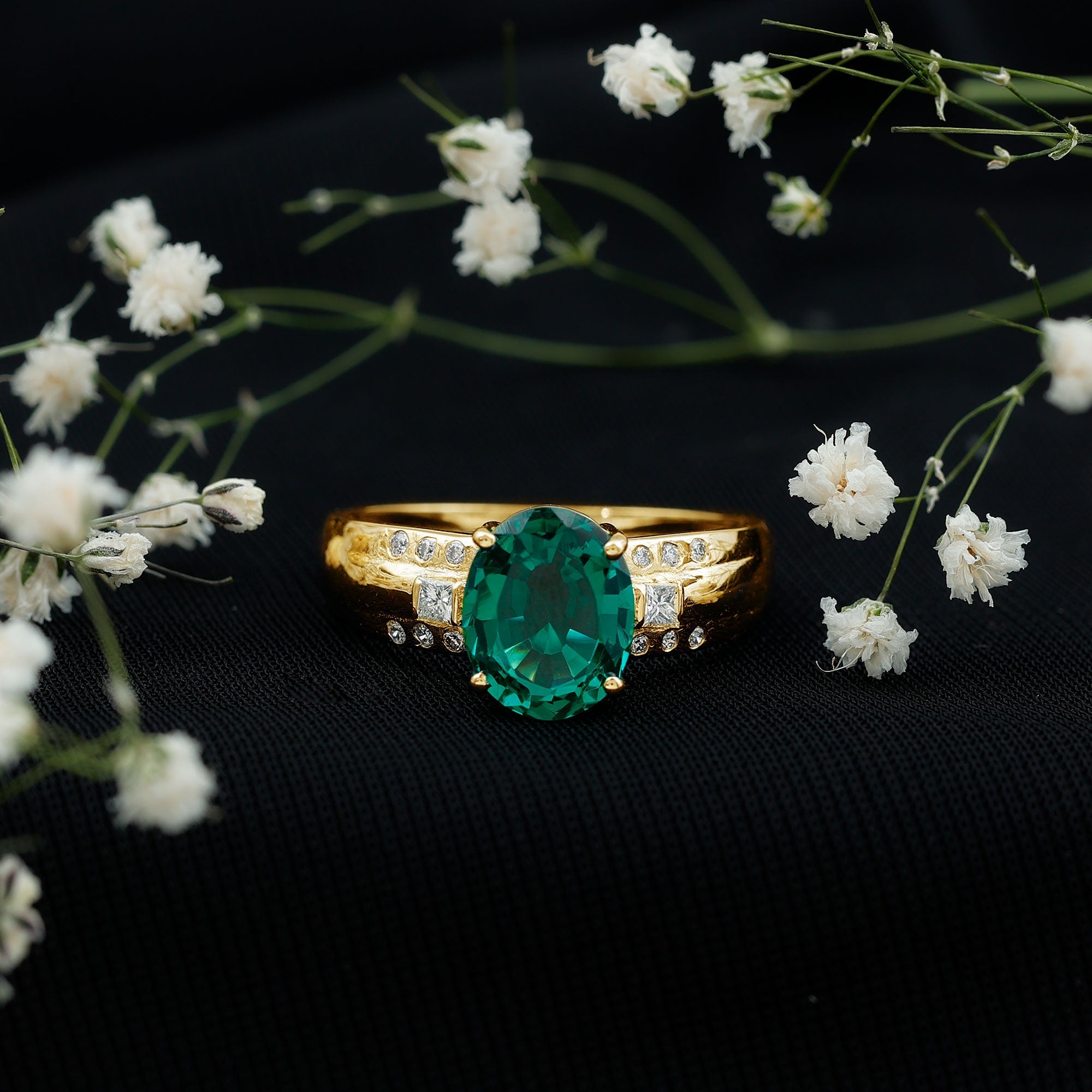 Solitaire Lab Grown Emerald Oval Engagement Ring with Diamond