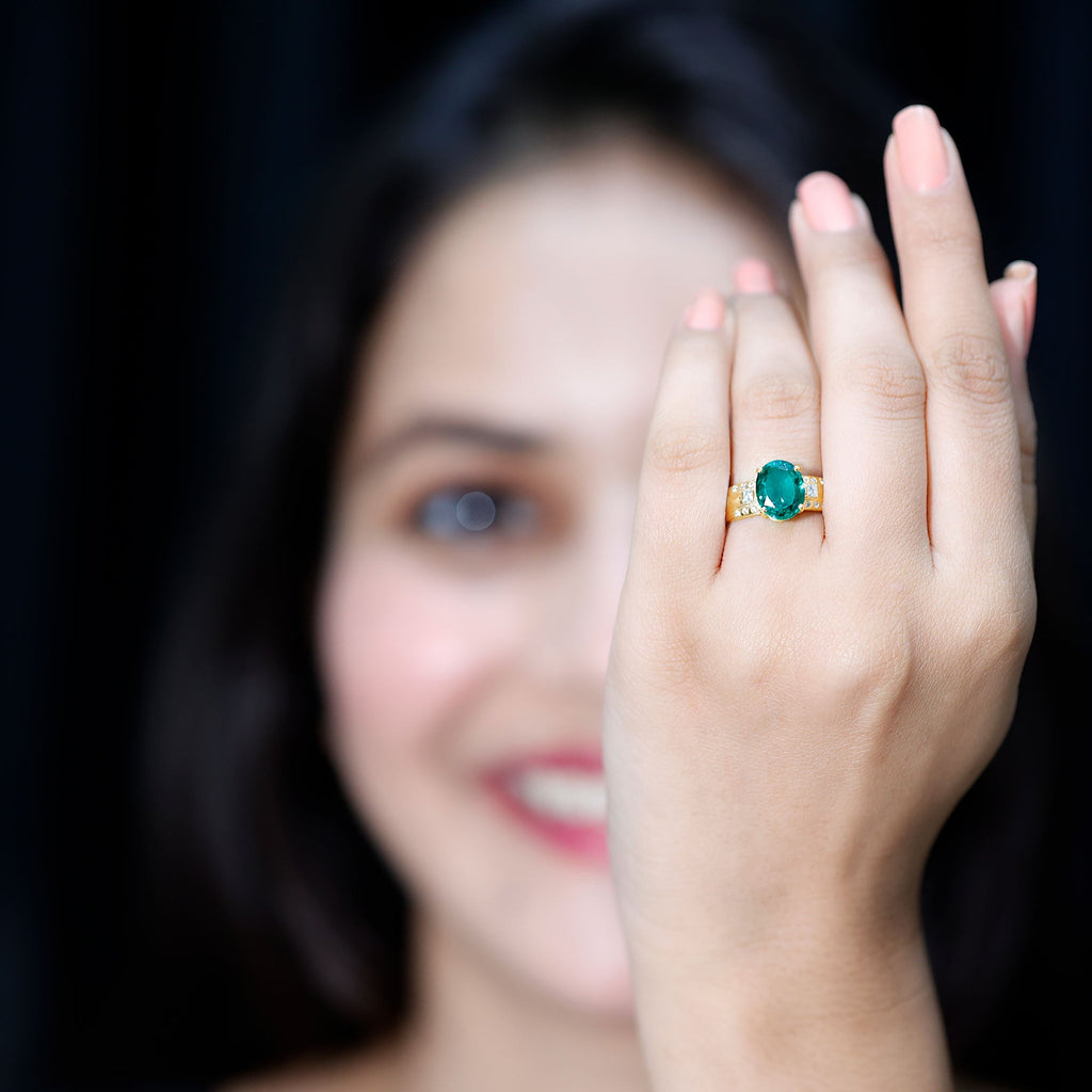 Solitaire Lab Grown Emerald Oval Engagement Ring with Diamond