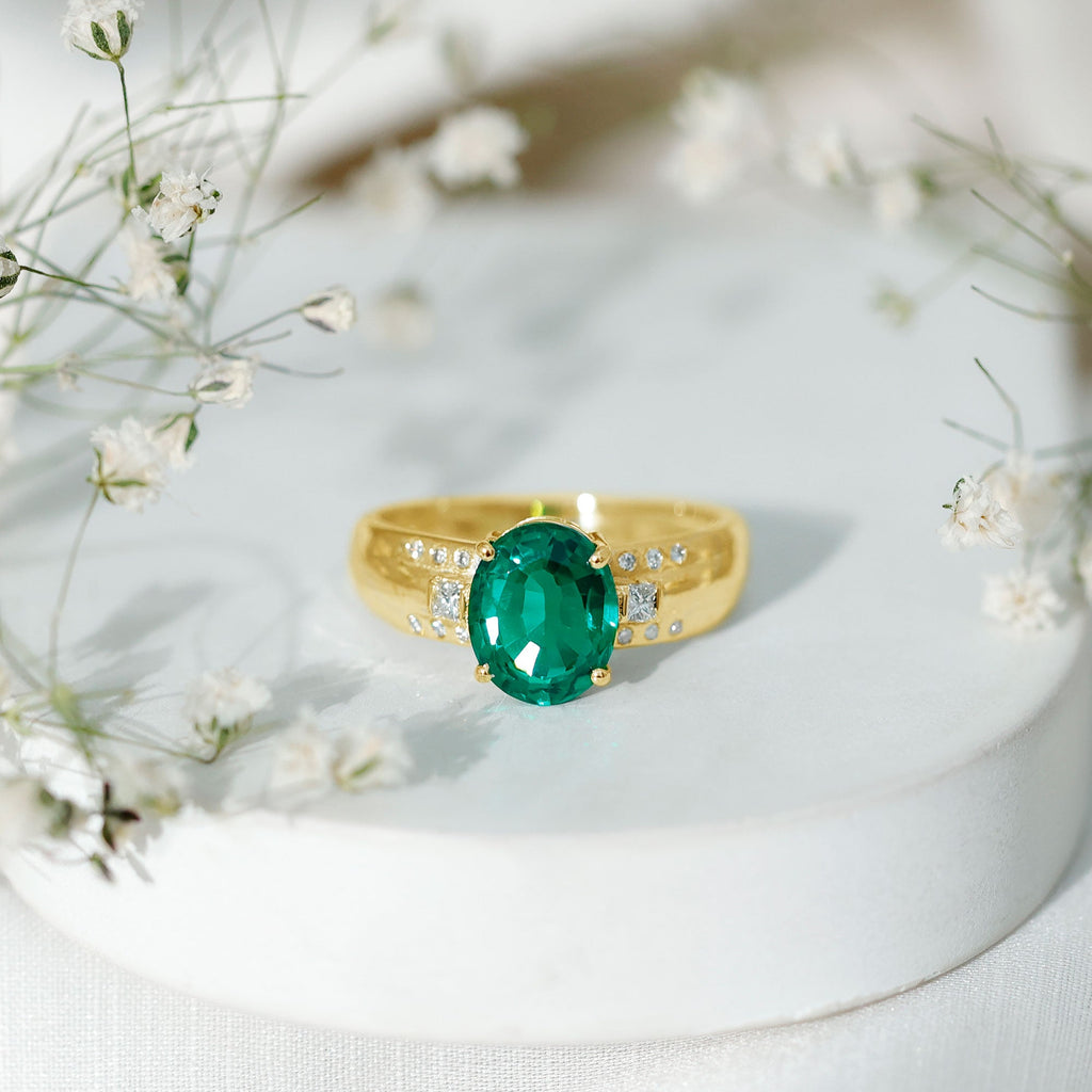 Solitaire Lab Grown Emerald Oval Engagement Ring with Diamond