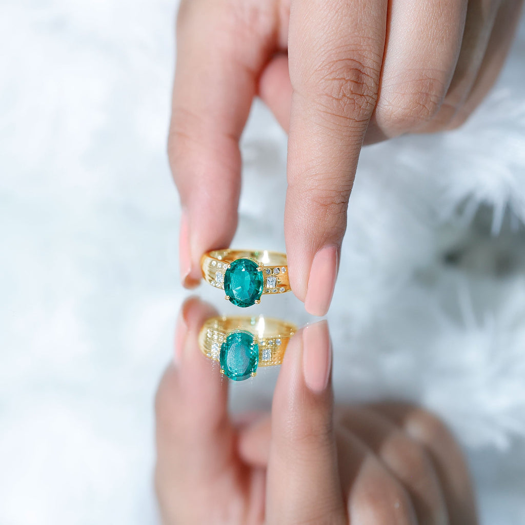 Solitaire Lab Grown Emerald Oval Engagement Ring with Diamond