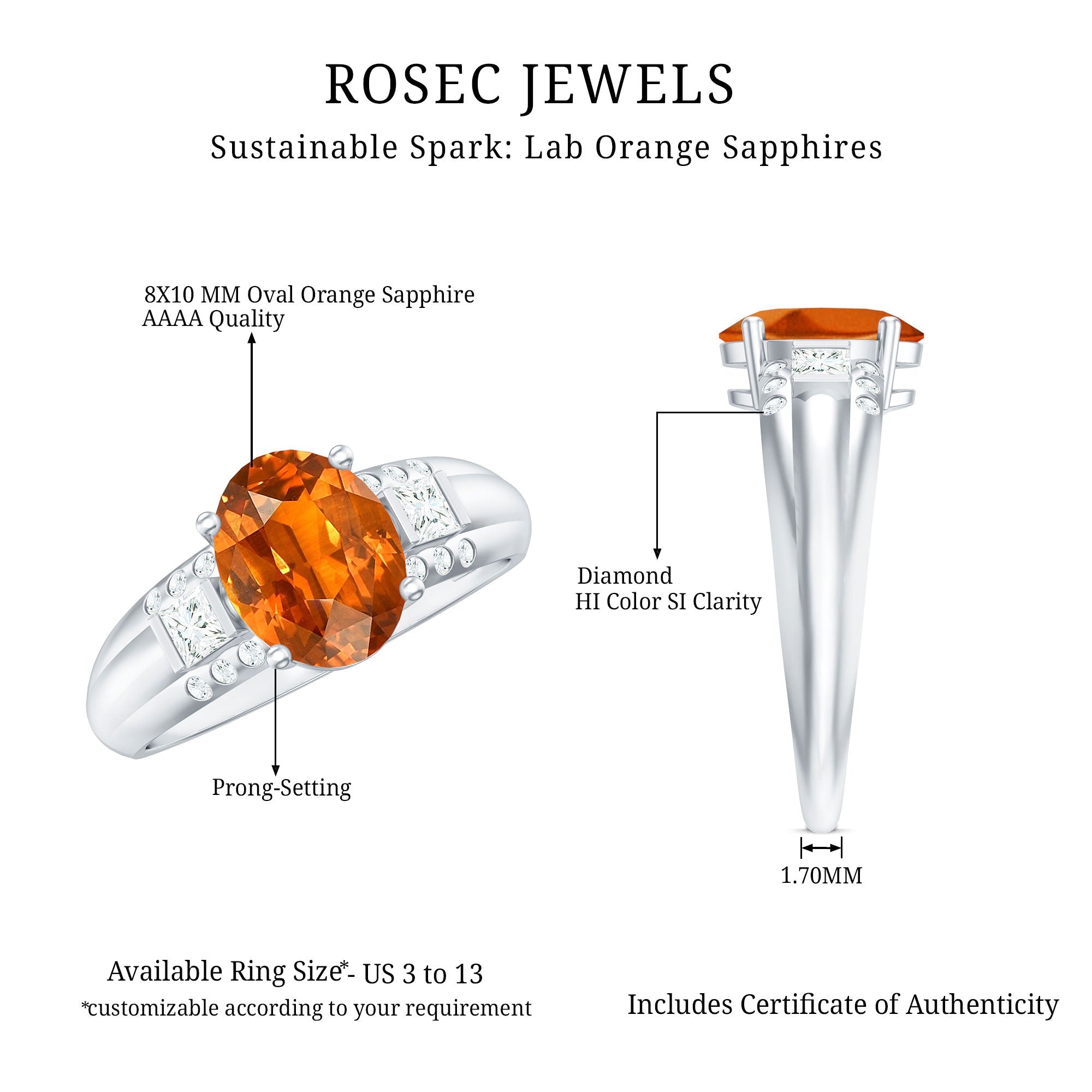 4 Carat Oval Lab Grown Orange Sapphire Statement Engagement Ring with Diamond