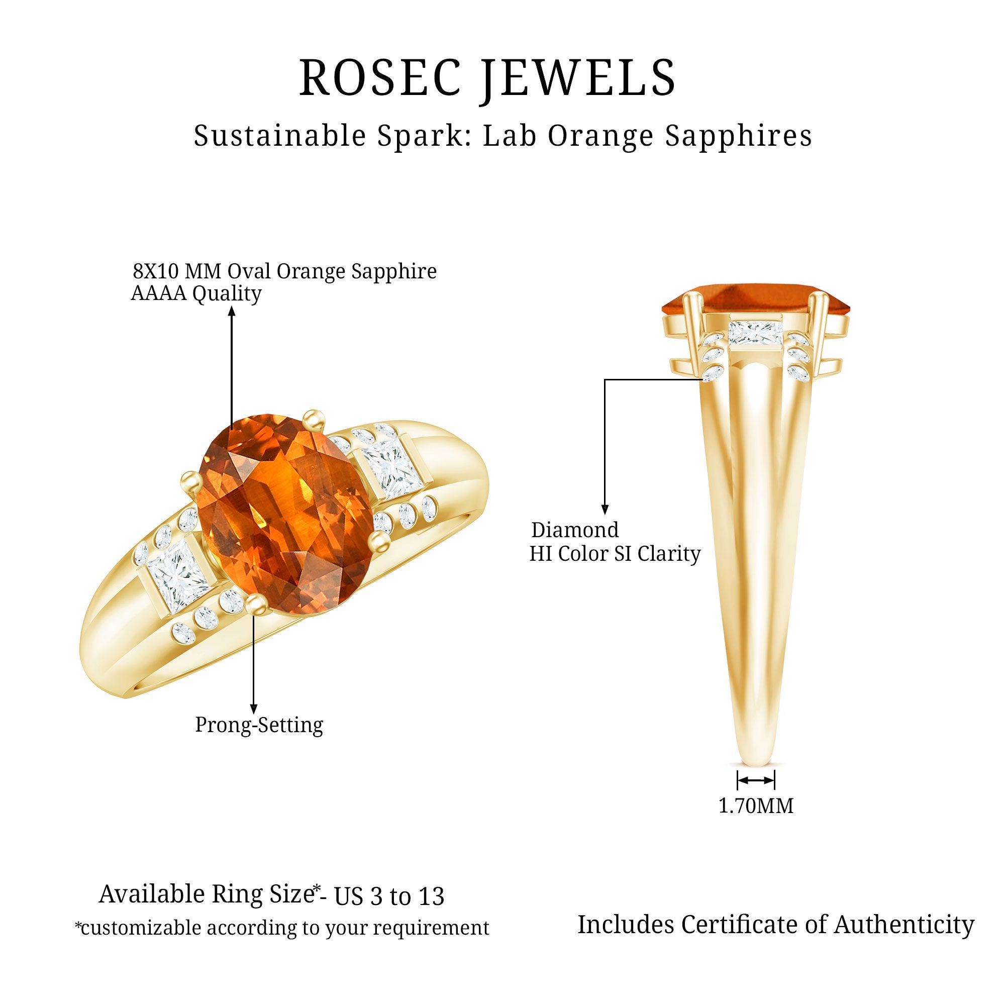 4 Carat Oval Lab Grown Orange Sapphire Statement Engagement Ring with Diamond