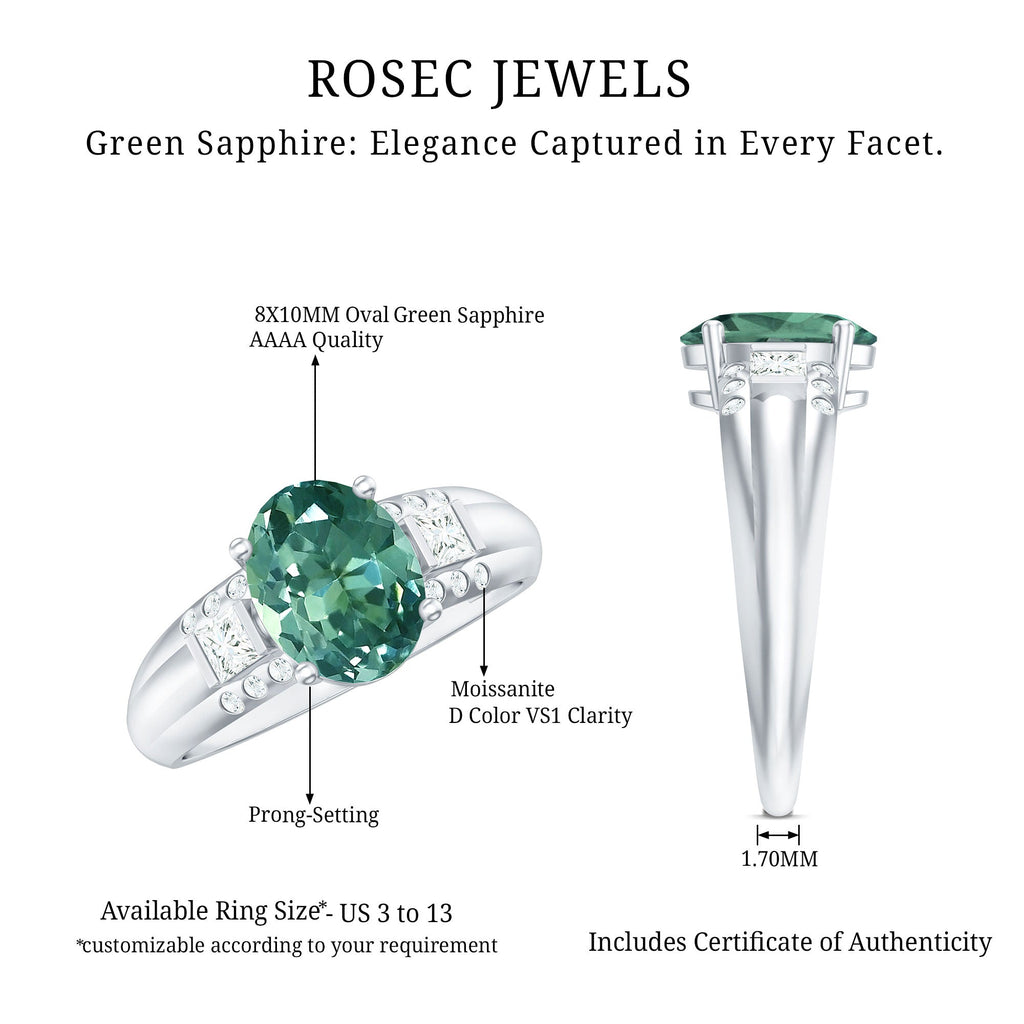 Lab Grown Green Sapphire Solitaire Oval Engagement Ring with Moissanite