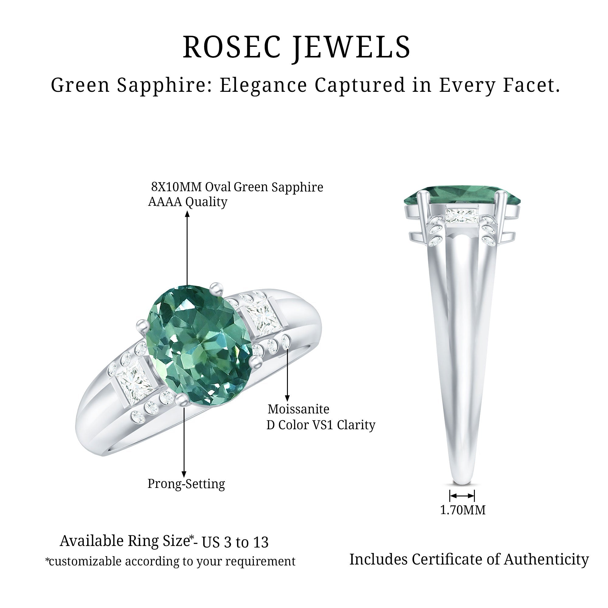 Lab Grown Green Sapphire Solitaire Oval Engagement Ring with Moissanite