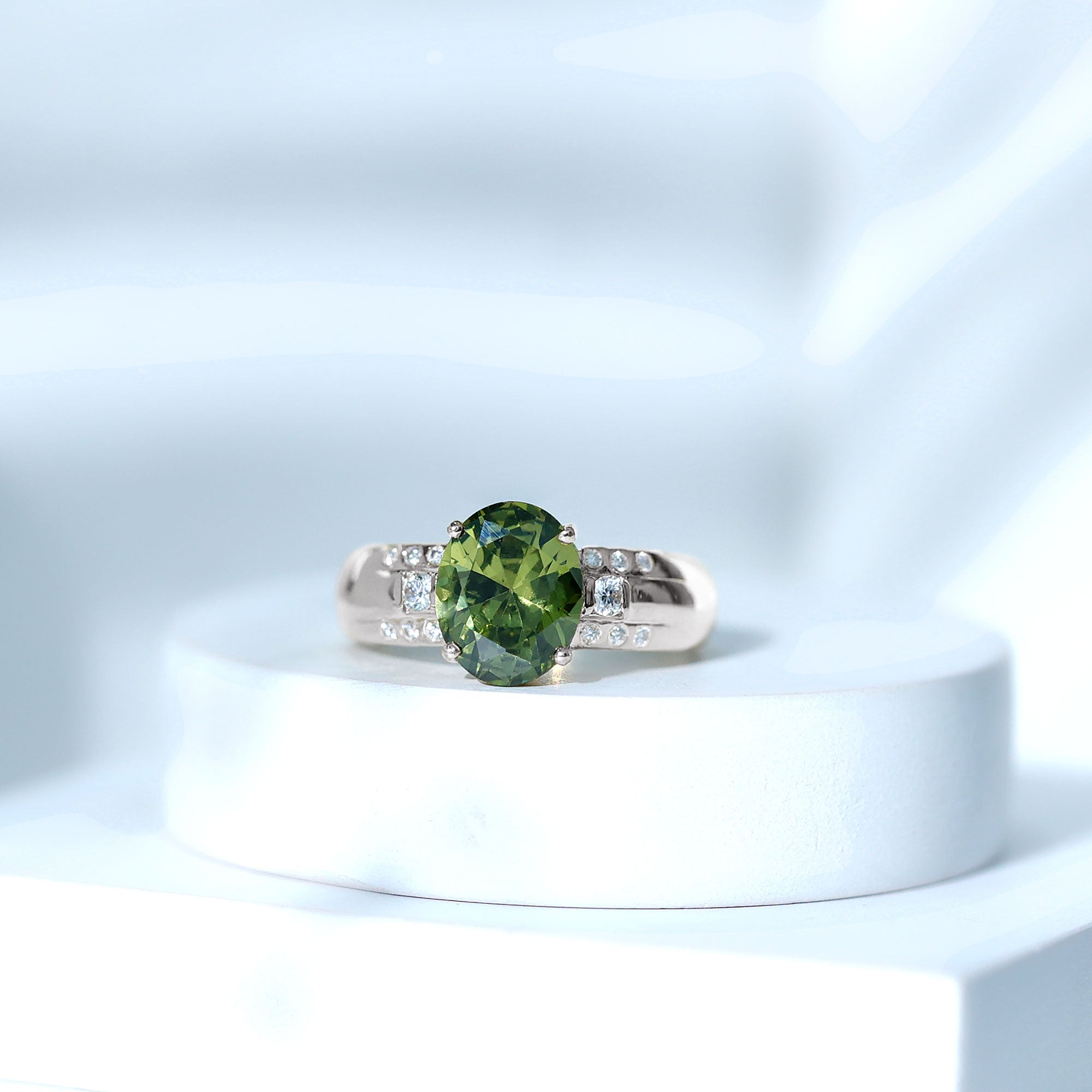 Lab Grown Green Sapphire Solitaire Oval Engagement Ring with Moissanite