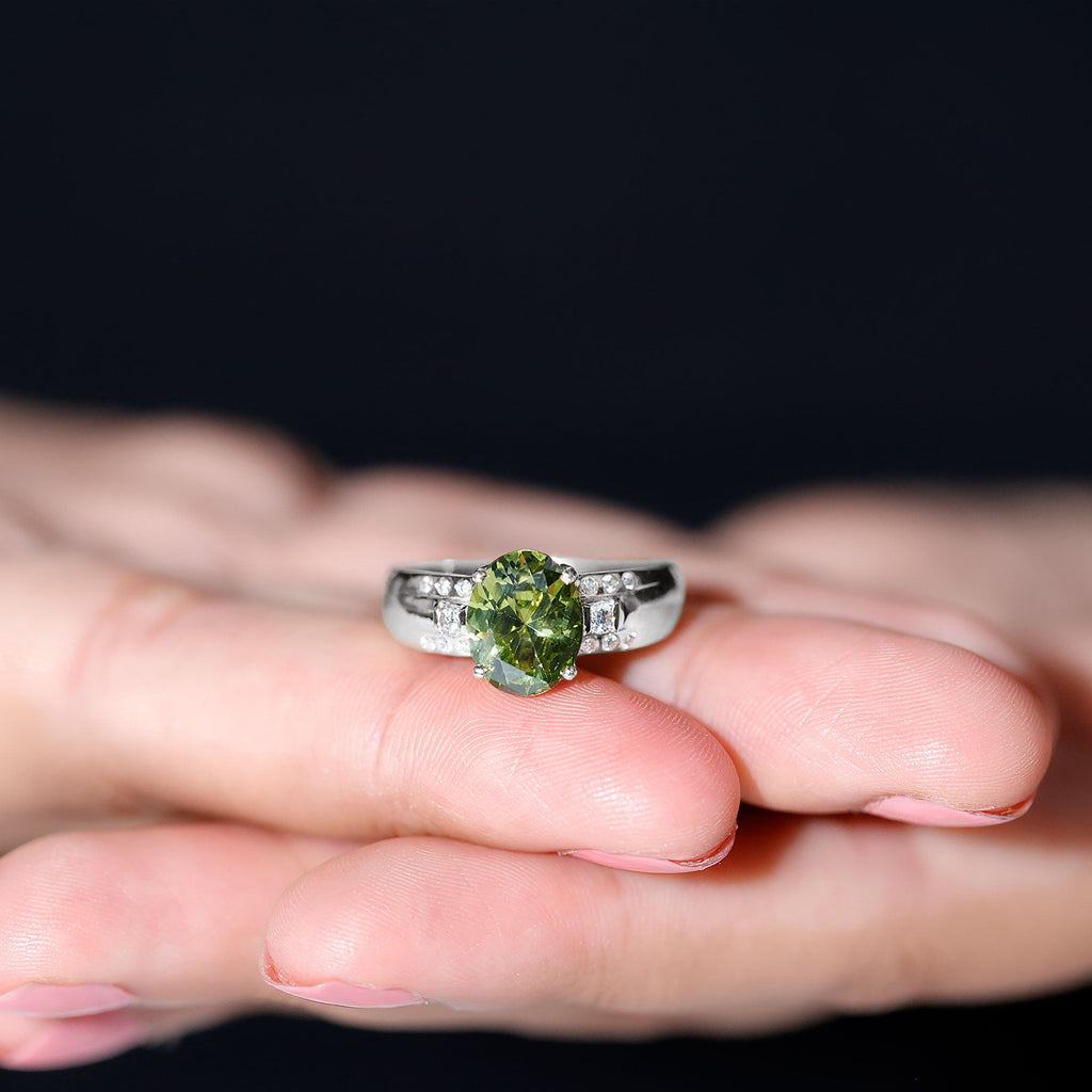 Lab Grown Green Sapphire Solitaire Oval Engagement Ring with Moissanite