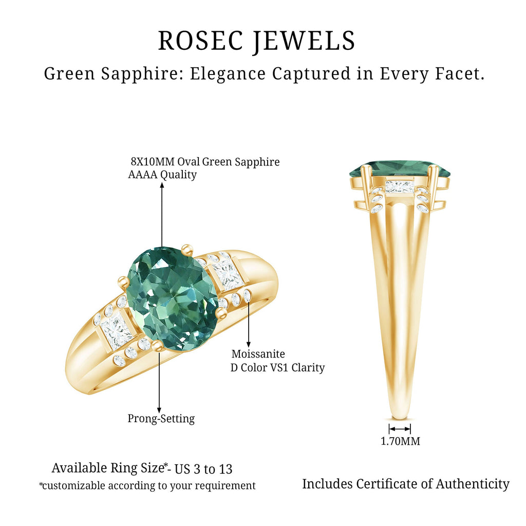Lab Grown Green Sapphire Solitaire Oval Engagement Ring with Moissanite