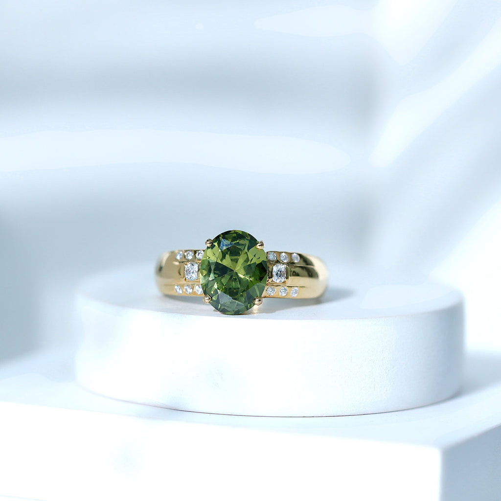 Lab Grown Green Sapphire Solitaire Oval Engagement Ring with Moissanite