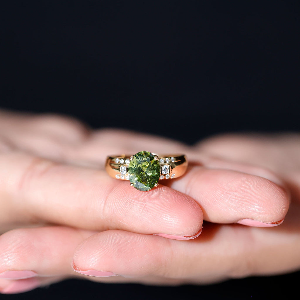Lab Grown Green Sapphire Solitaire Oval Engagement Ring with Moissanite