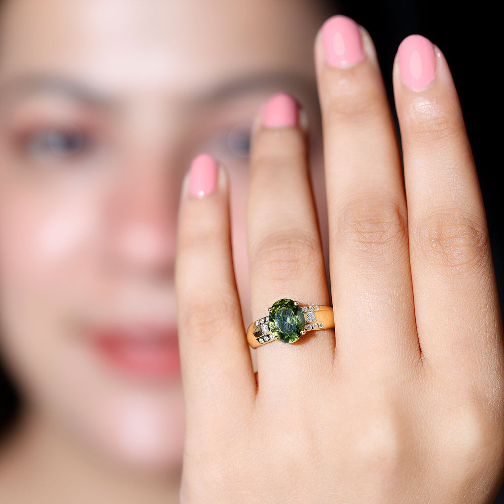 Lab Grown Green Sapphire Solitaire Oval Engagement Ring with Moissanite