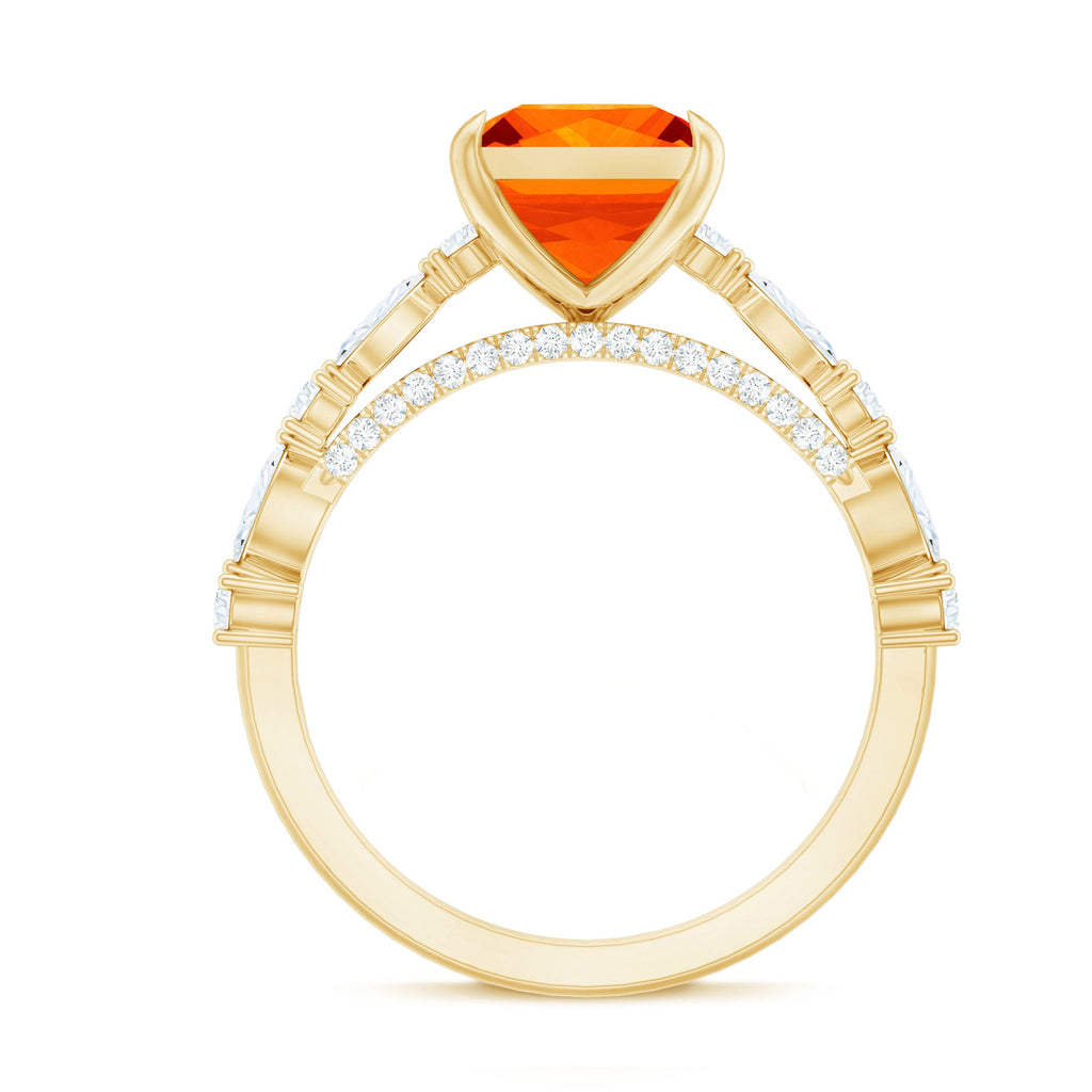 2.75 Carat Lab Grown Orange Sapphire Princess Cut Engagement Ring with Side Stones
