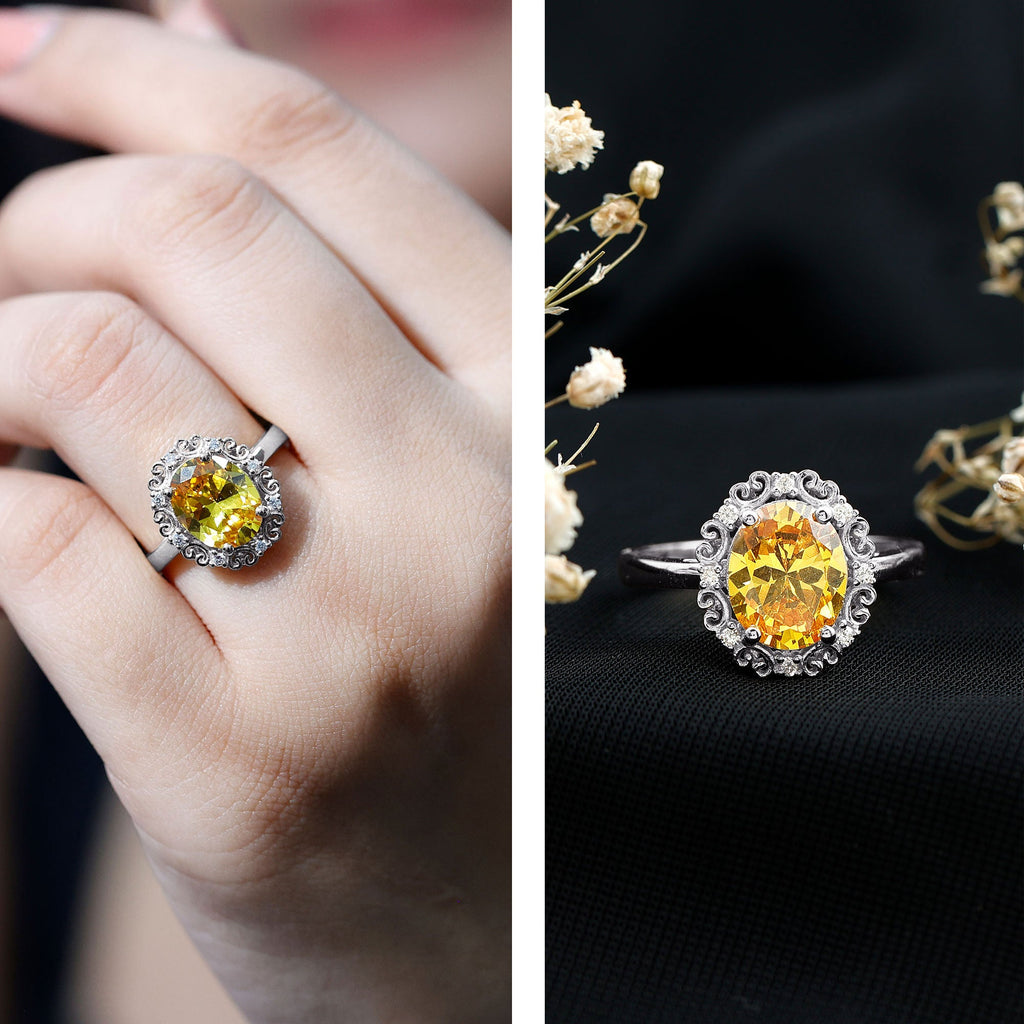 Vintage Inspired Lab Grown Yellow Sapphire Oval Engagement Ring