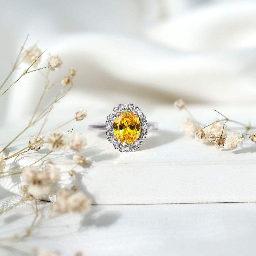 Vintage Inspired Lab Grown Yellow Sapphire Oval Engagement Ring