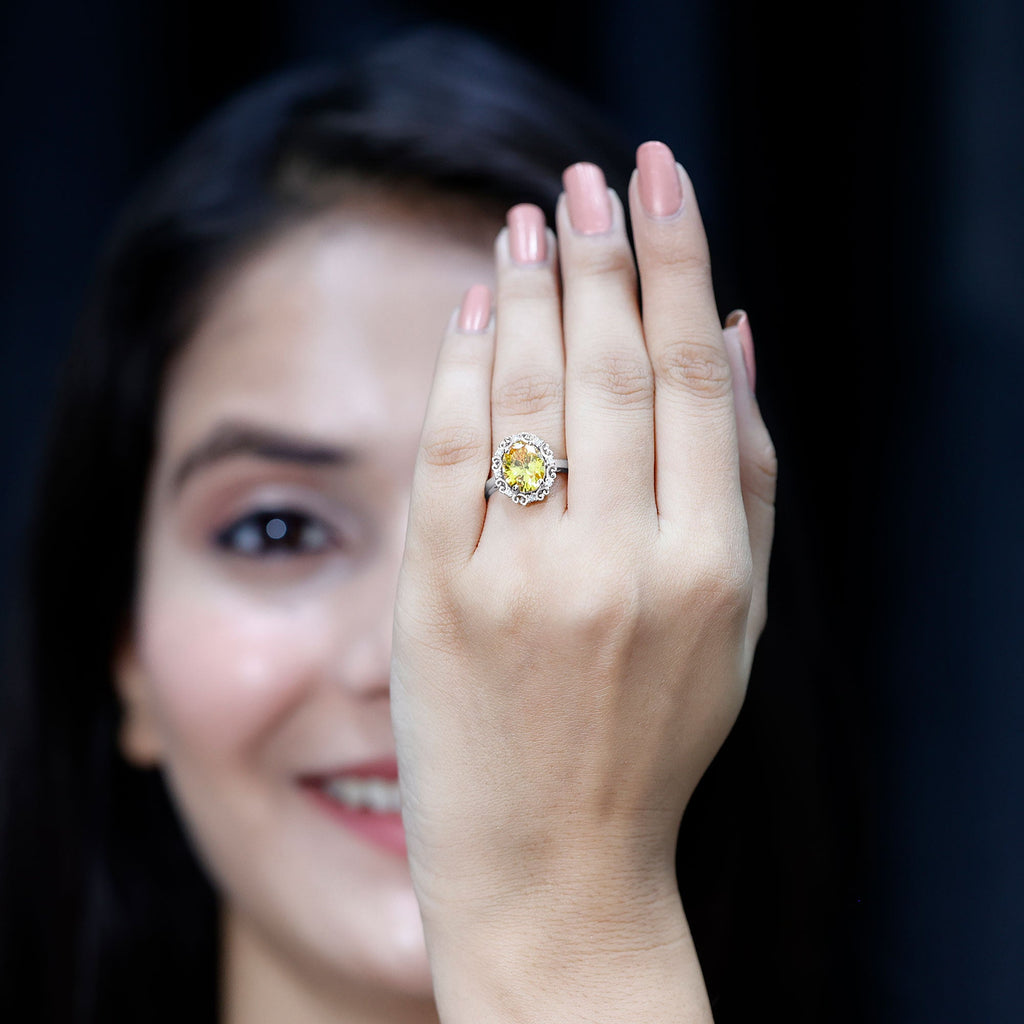 Vintage Inspired Lab Grown Yellow Sapphire Oval Engagement Ring