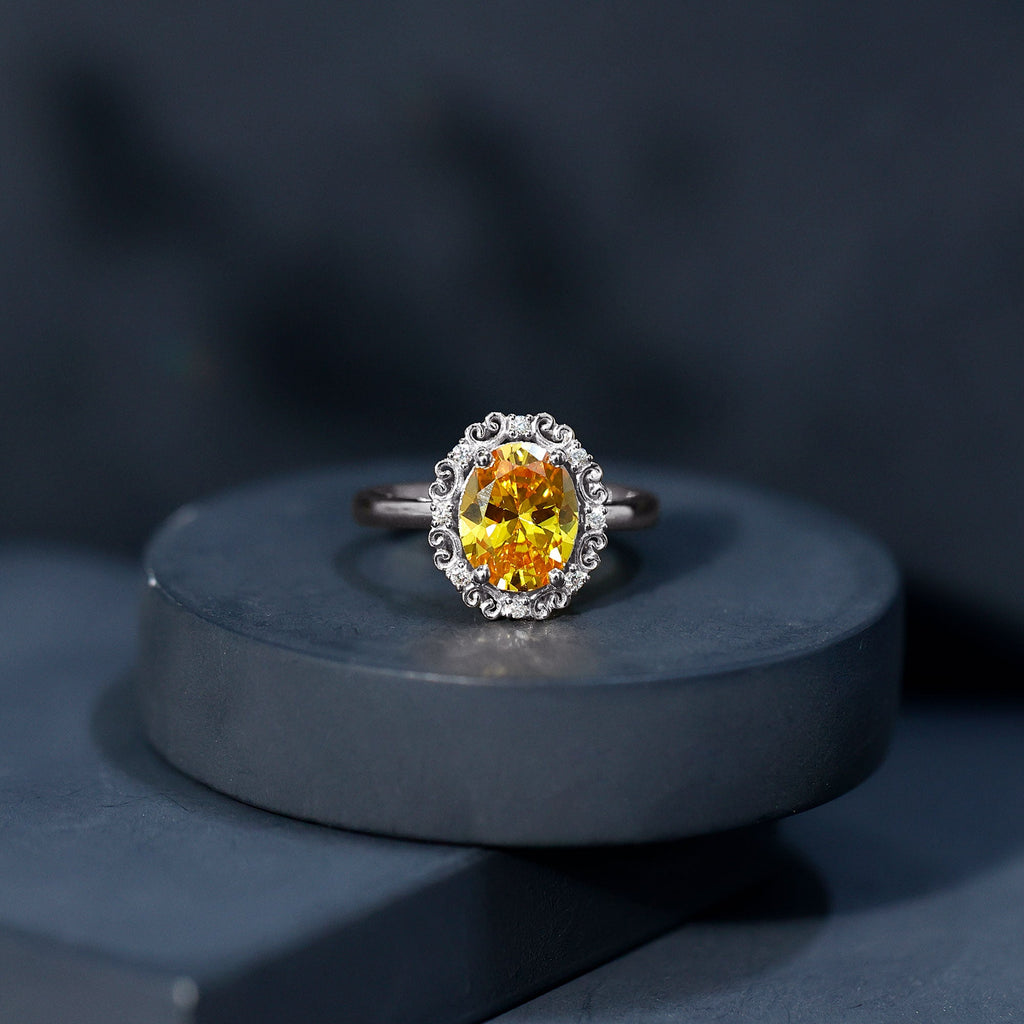Vintage Inspired Lab Grown Yellow Sapphire Oval Engagement Ring
