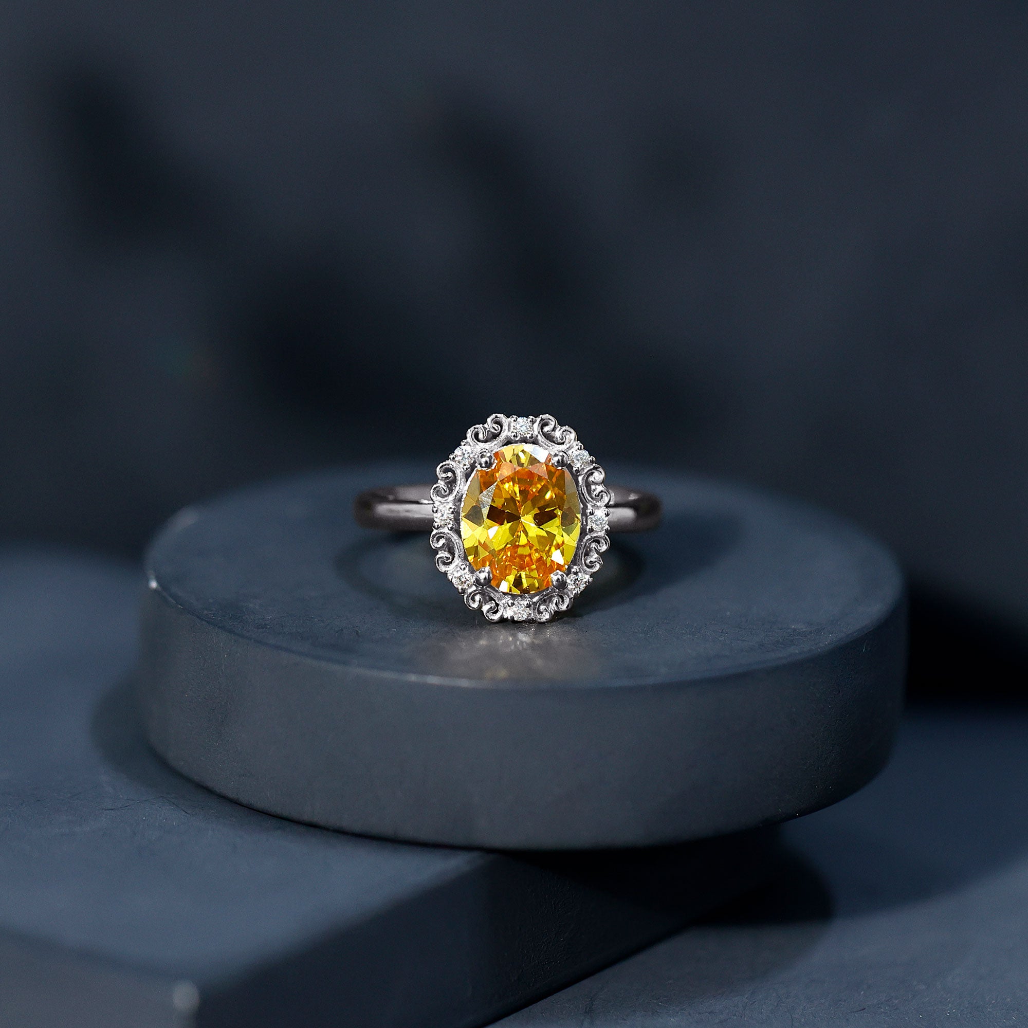 Vintage Inspired Lab Grown Yellow Sapphire Oval Engagement Ring