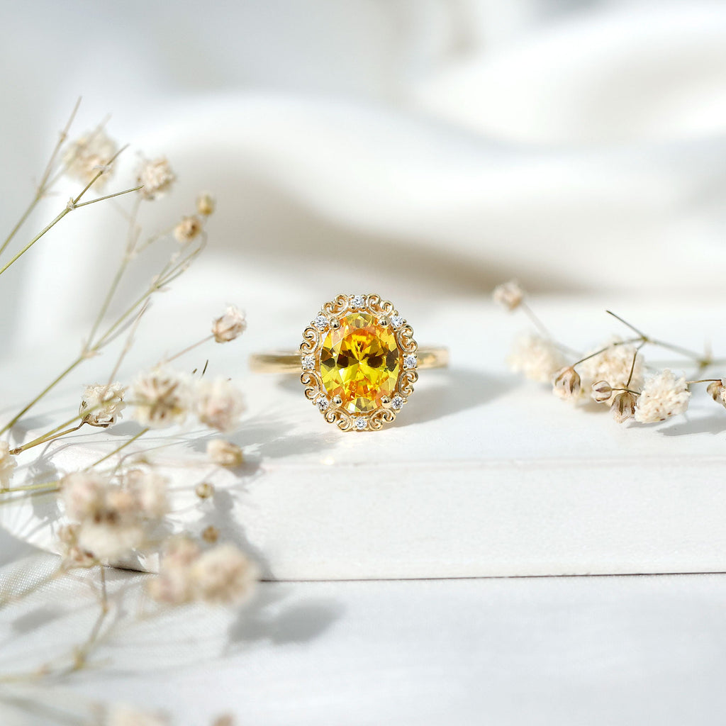 Vintage Inspired Lab Grown Yellow Sapphire Oval Engagement Ring