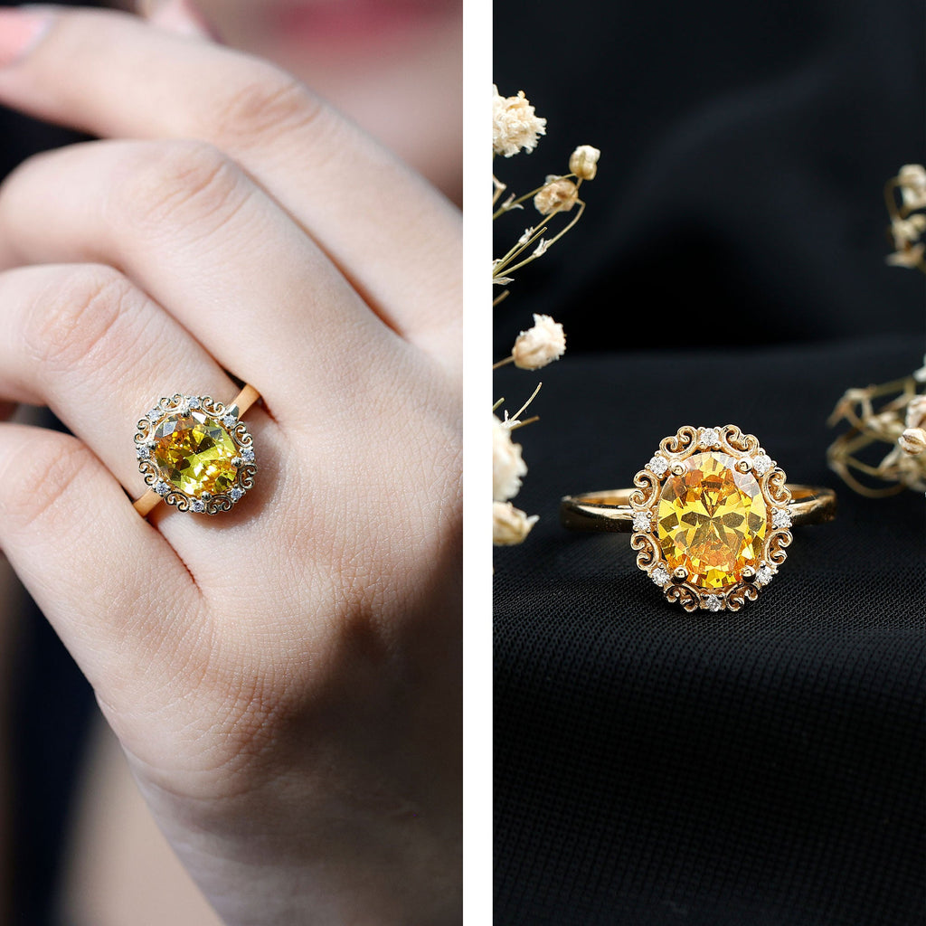 Vintage Inspired Lab Grown Yellow Sapphire Oval Engagement Ring
