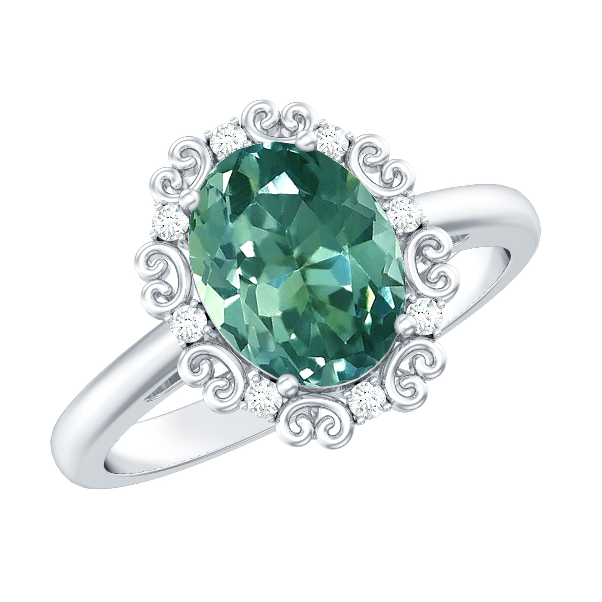 Vintage Style Lab Grown Green Sapphire Engagement Ring with Diamond