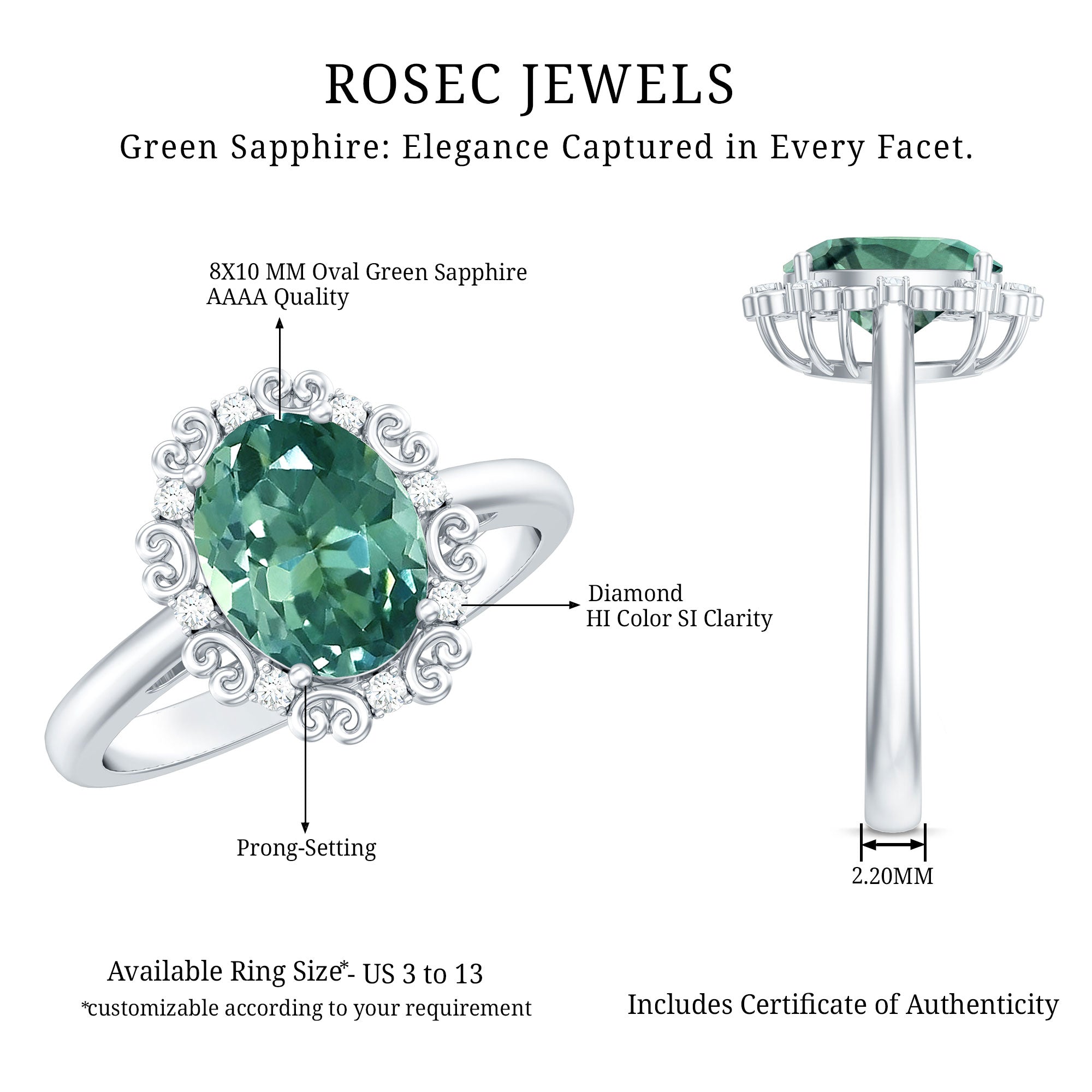Vintage Style Lab Grown Green Sapphire Engagement Ring with Diamond