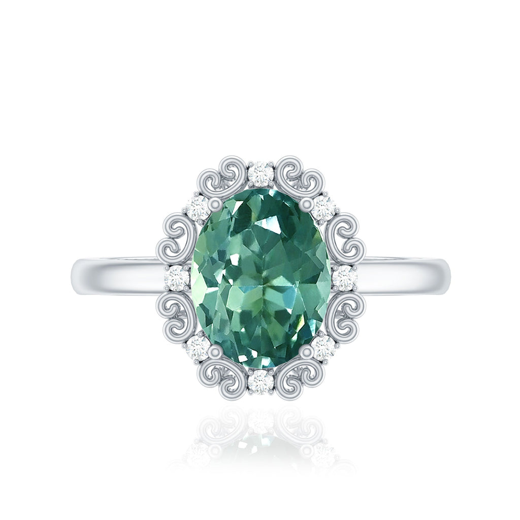 Vintage Style Lab Grown Green Sapphire Engagement Ring with Diamond