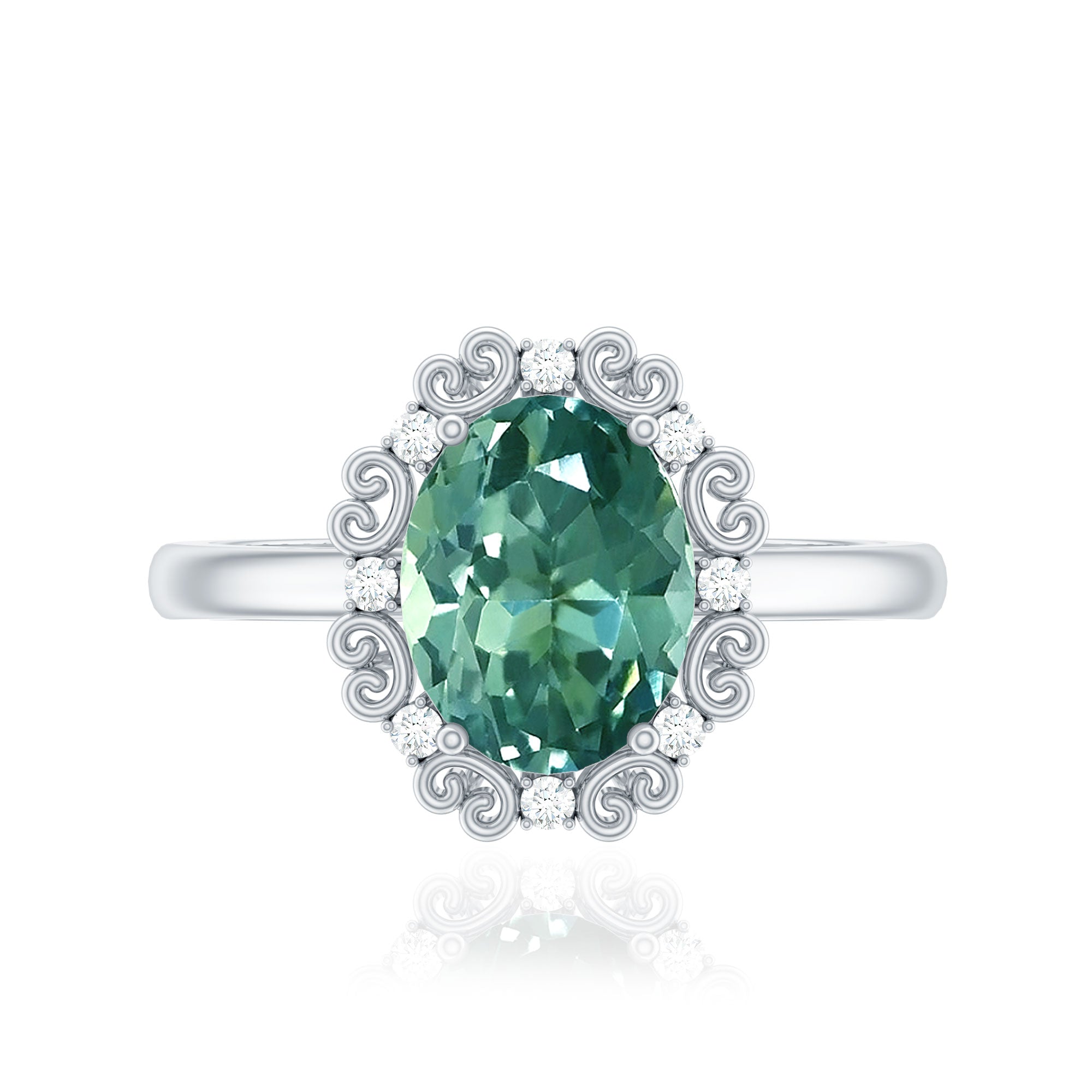 Vintage Style Lab Grown Green Sapphire Engagement Ring with Diamond