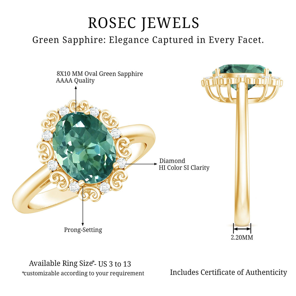 Vintage Style Lab Grown Green Sapphire Engagement Ring with Diamond
