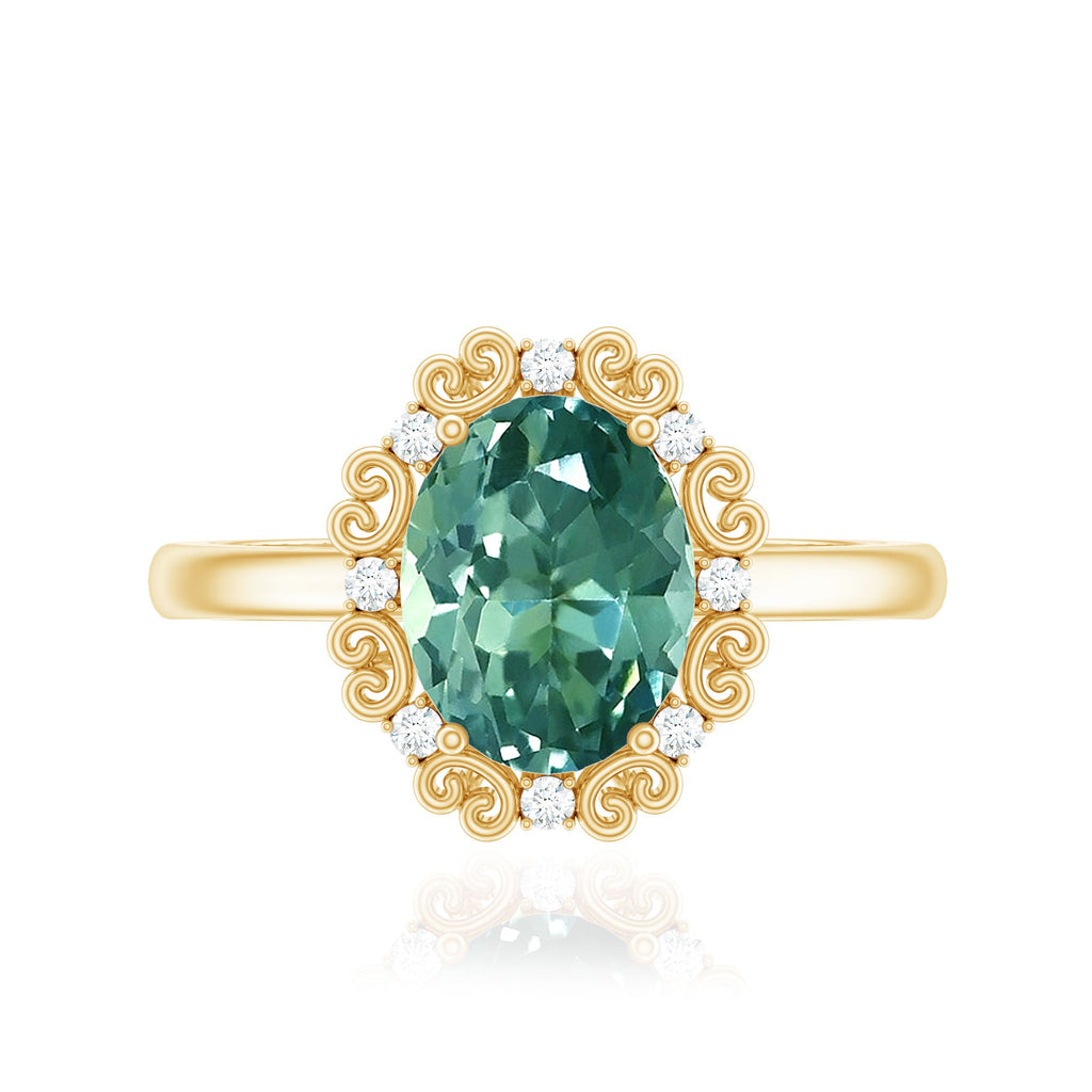 Vintage Style Lab Grown Green Sapphire Engagement Ring with Diamond