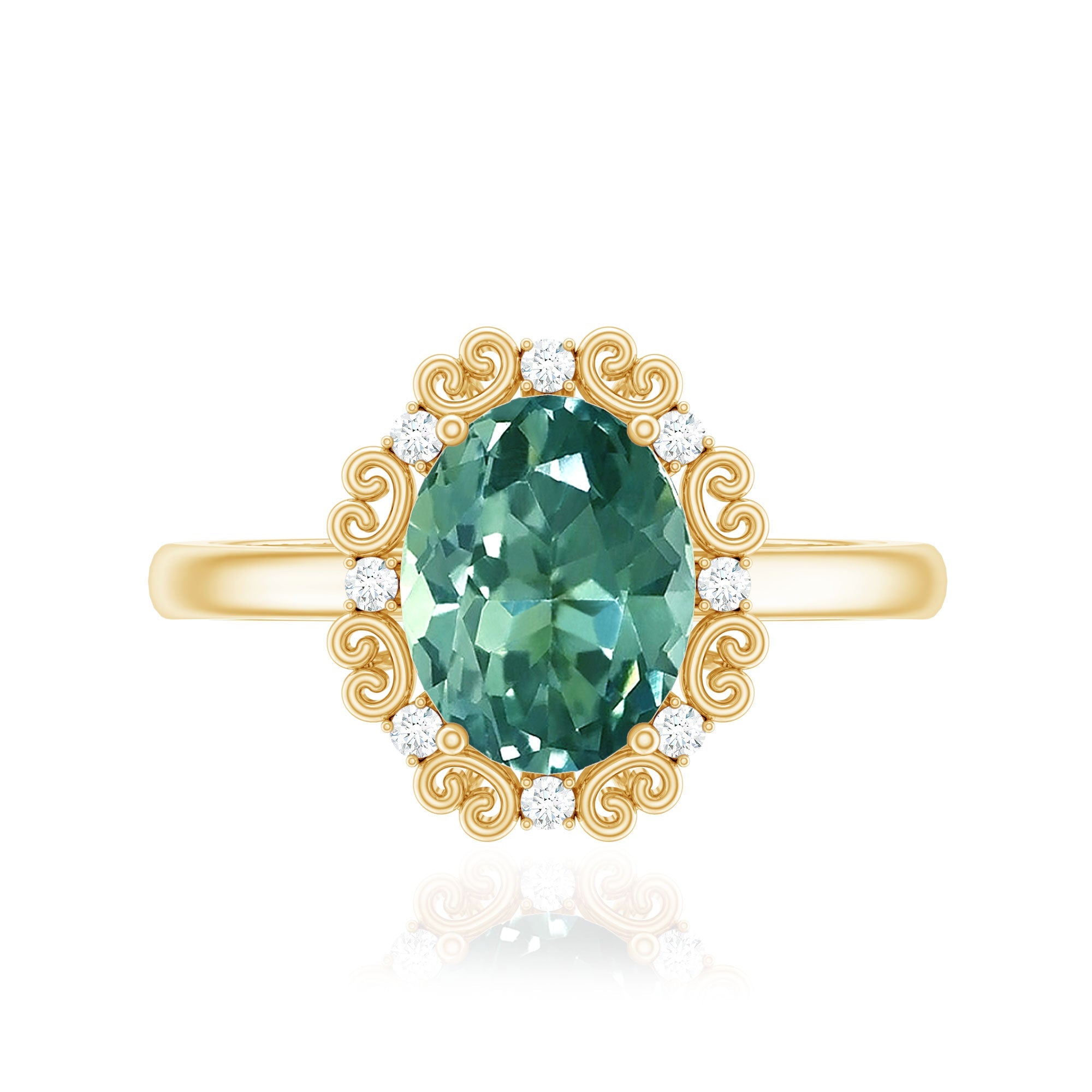 Vintage Style Lab Grown Green Sapphire Engagement Ring with Diamond