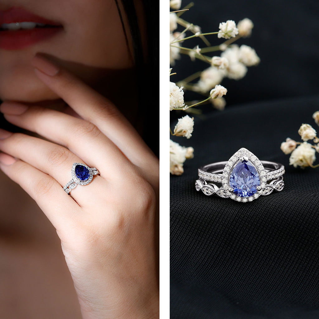 Certified 1.85 Carat Lab Grown Blue Sapphire Pear Shaped Engagement Ring Set with Diamond