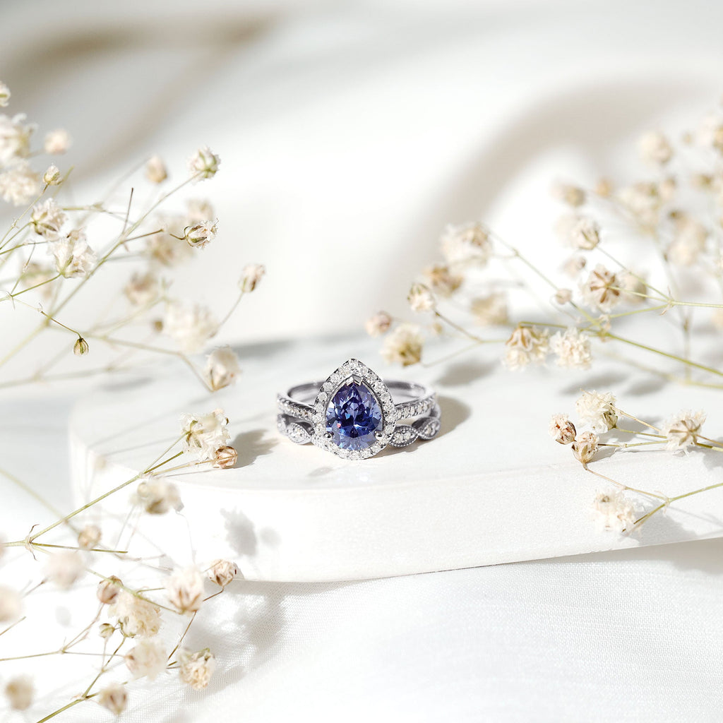 Certified 1.85 Carat Lab Grown Blue Sapphire Pear Shaped Engagement Ring Set with Diamond