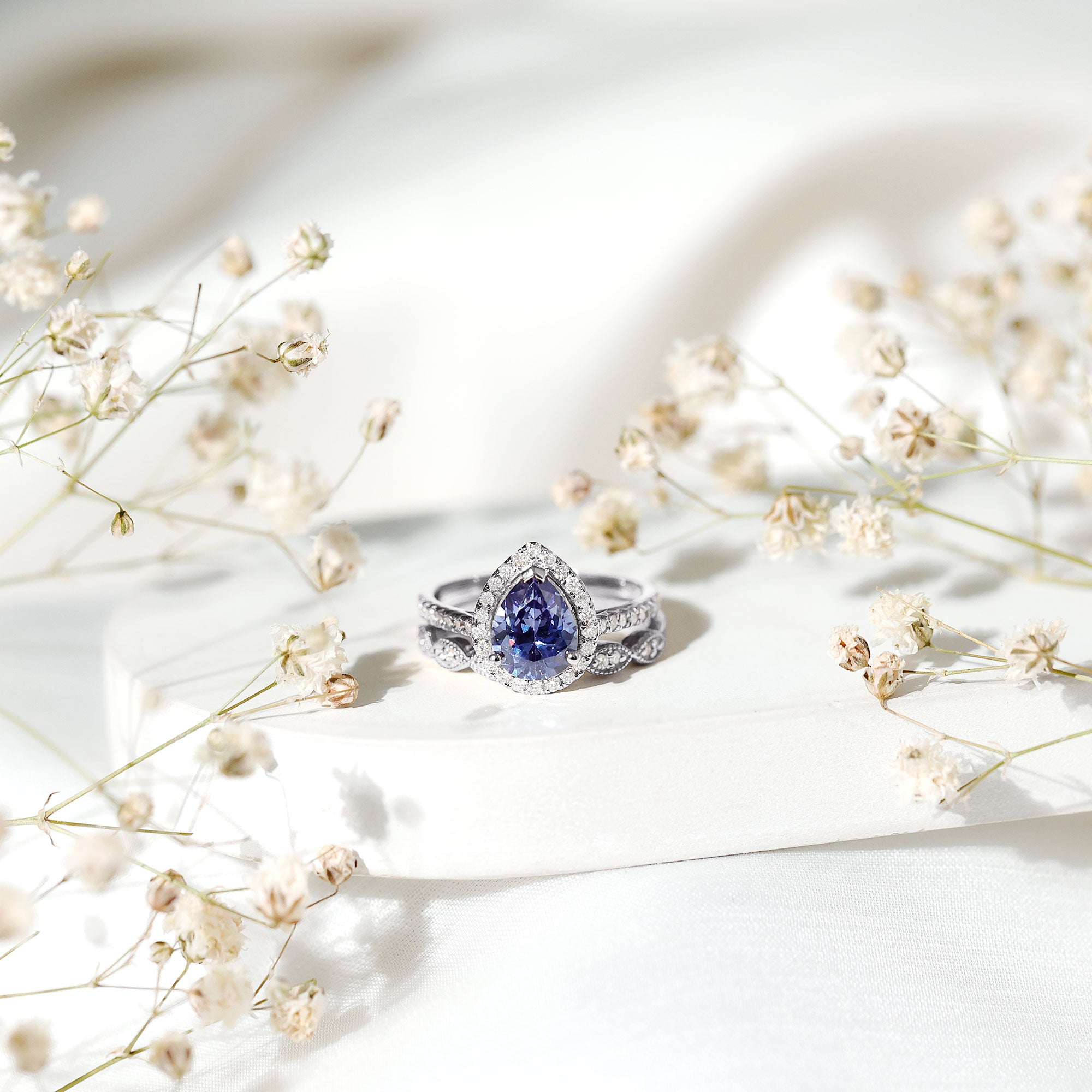 Certified 1.85 Carat Lab Grown Blue Sapphire Pear Shaped Engagement Ring Set with Diamond
