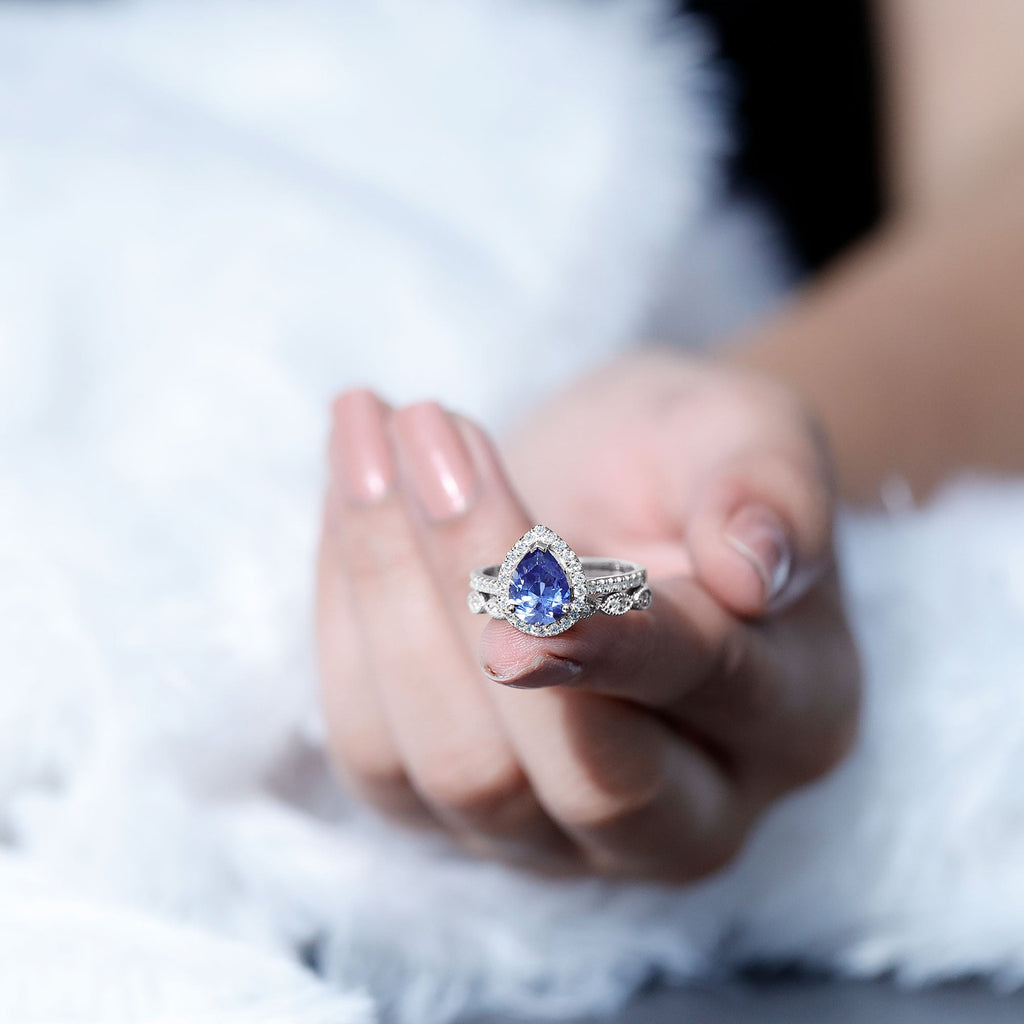 Certified 1.85 Carat Lab Grown Blue Sapphire Pear Shaped Engagement Ring Set with Diamond