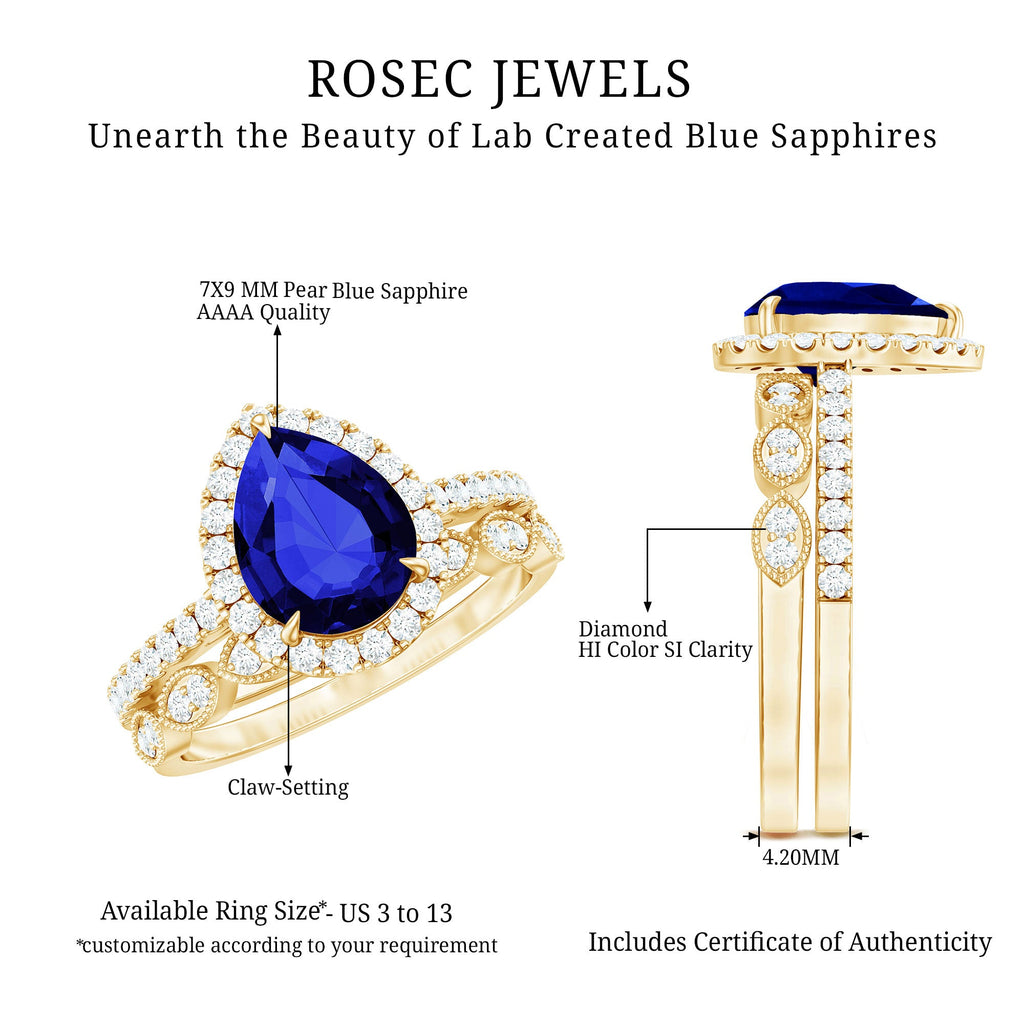 Certified 1.85 Carat Lab Grown Blue Sapphire Pear Shaped Engagement Ring Set with Diamond