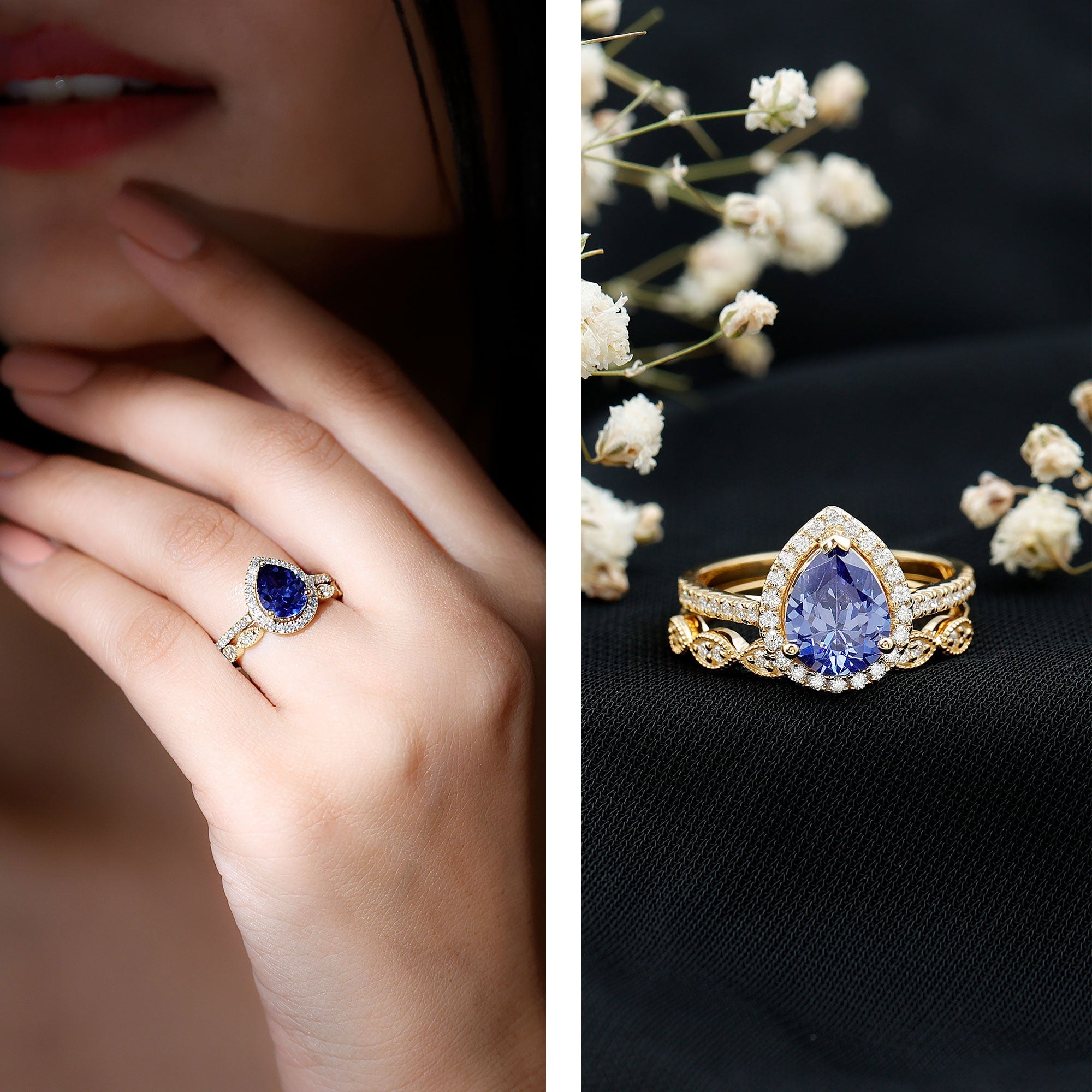 Certified 1.85 Carat Lab Grown Blue Sapphire Pear Shaped Engagement Ring Set with Diamond