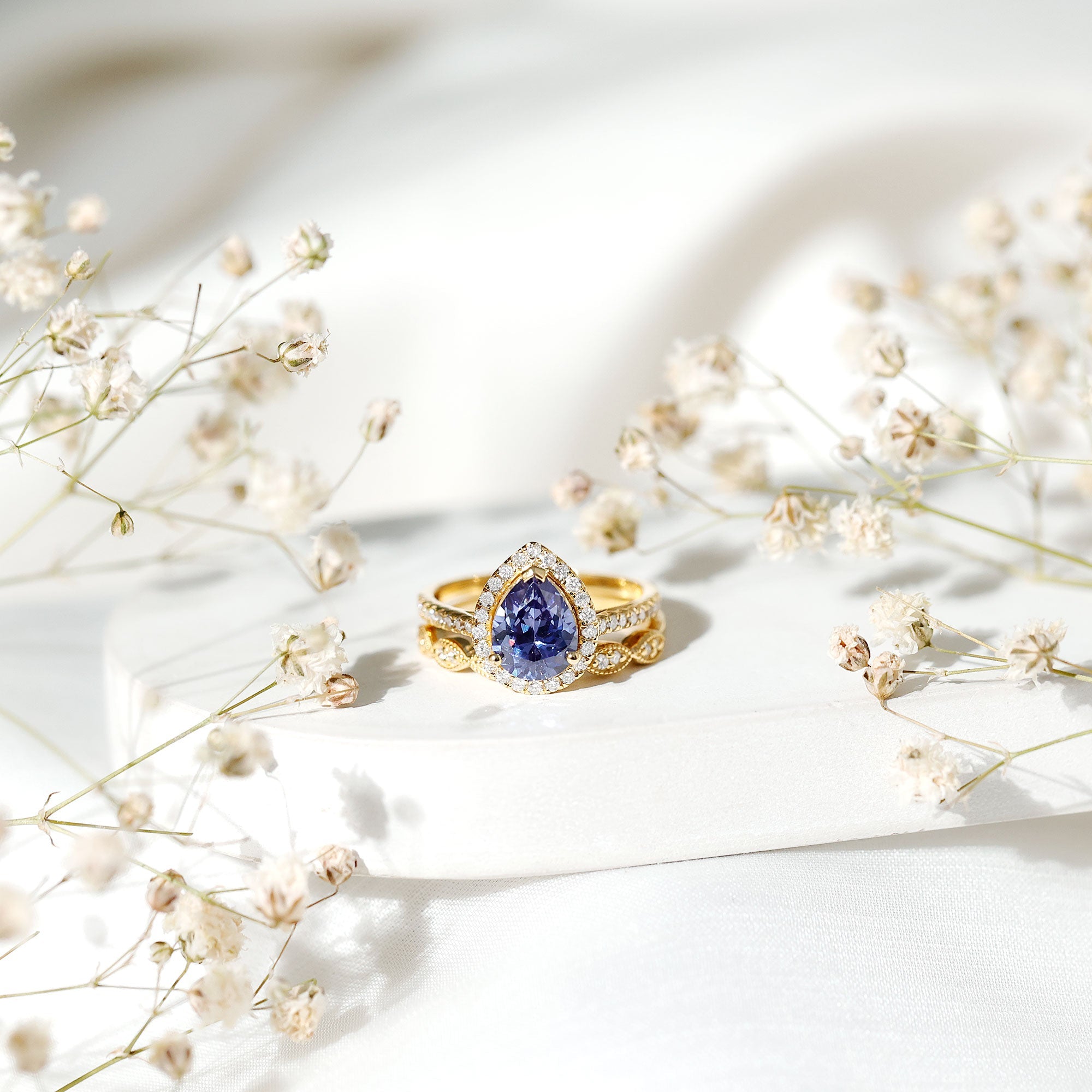 Certified 1.85 Carat Lab Grown Blue Sapphire Pear Shaped Engagement Ring Set with Diamond
