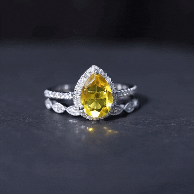 Lab Grown Yellow Sapphire Engagement Ring with Diamond Wedding Band
