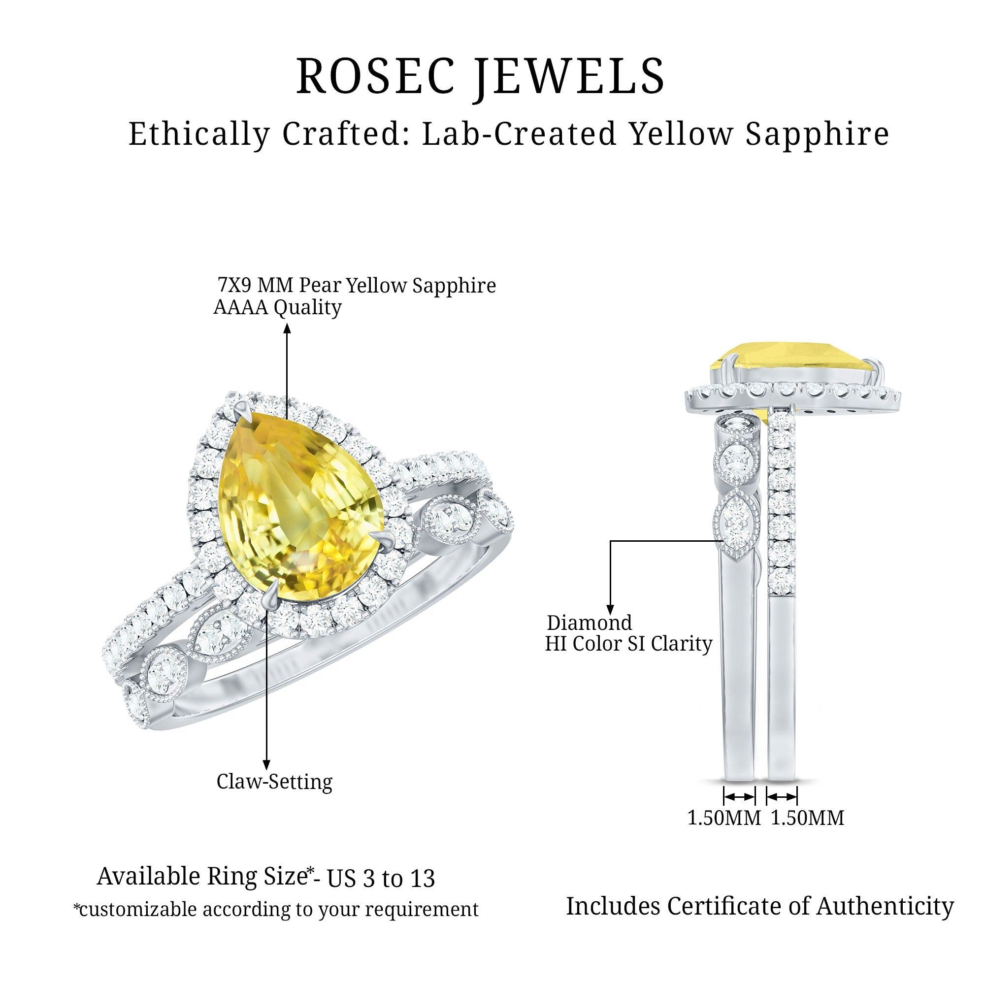 Lab Grown Yellow Sapphire Engagement Ring with Diamond Wedding Band
