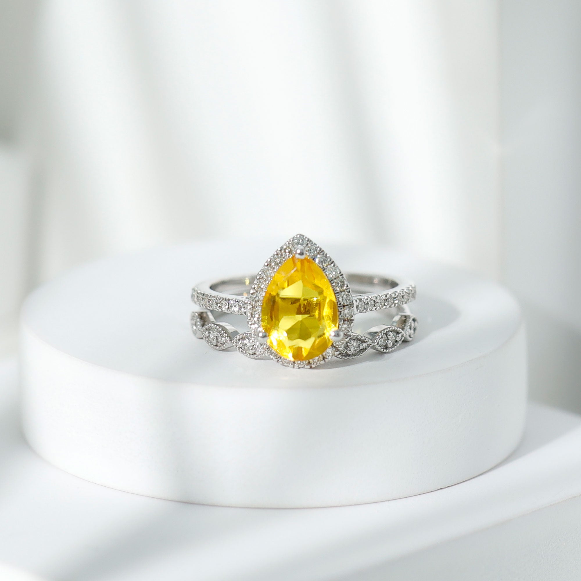 Lab Grown Yellow Sapphire Engagement Ring with Diamond Wedding Band