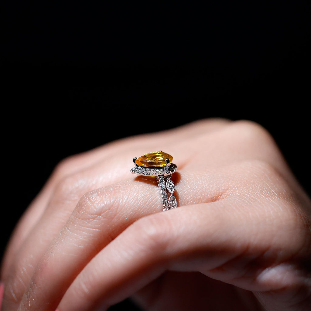 Lab Grown Yellow Sapphire Engagement Ring with Diamond Wedding Band