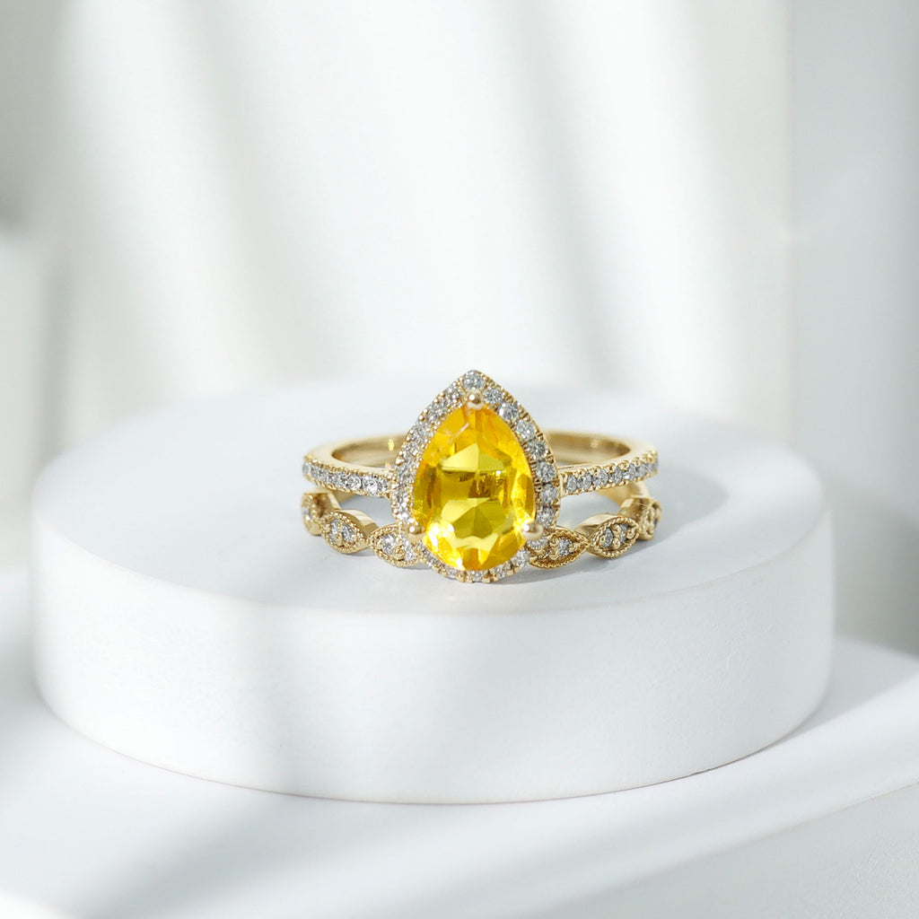 Lab Grown Yellow Sapphire Engagement Ring with Diamond Wedding Band