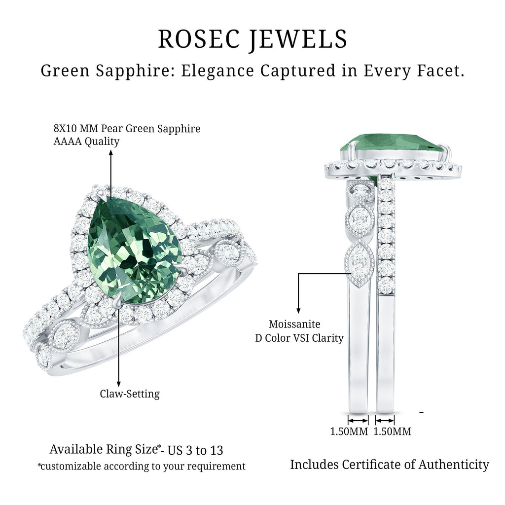 Lab Grown Green Sapphire Teardrop Engagement Ring Set