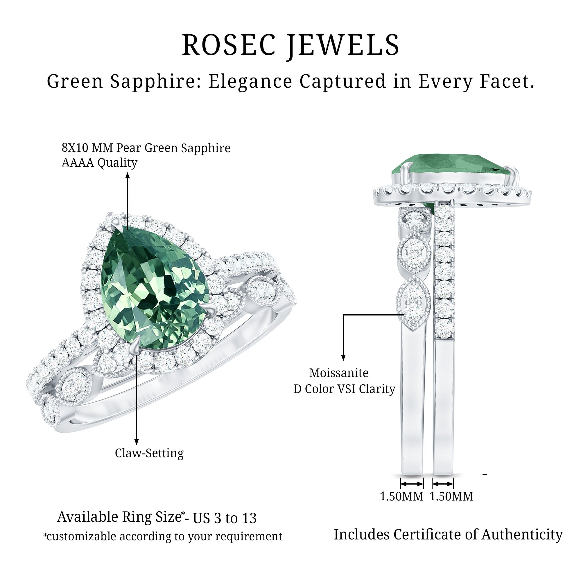 Lab Grown Green Sapphire Teardrop Engagement Ring Set