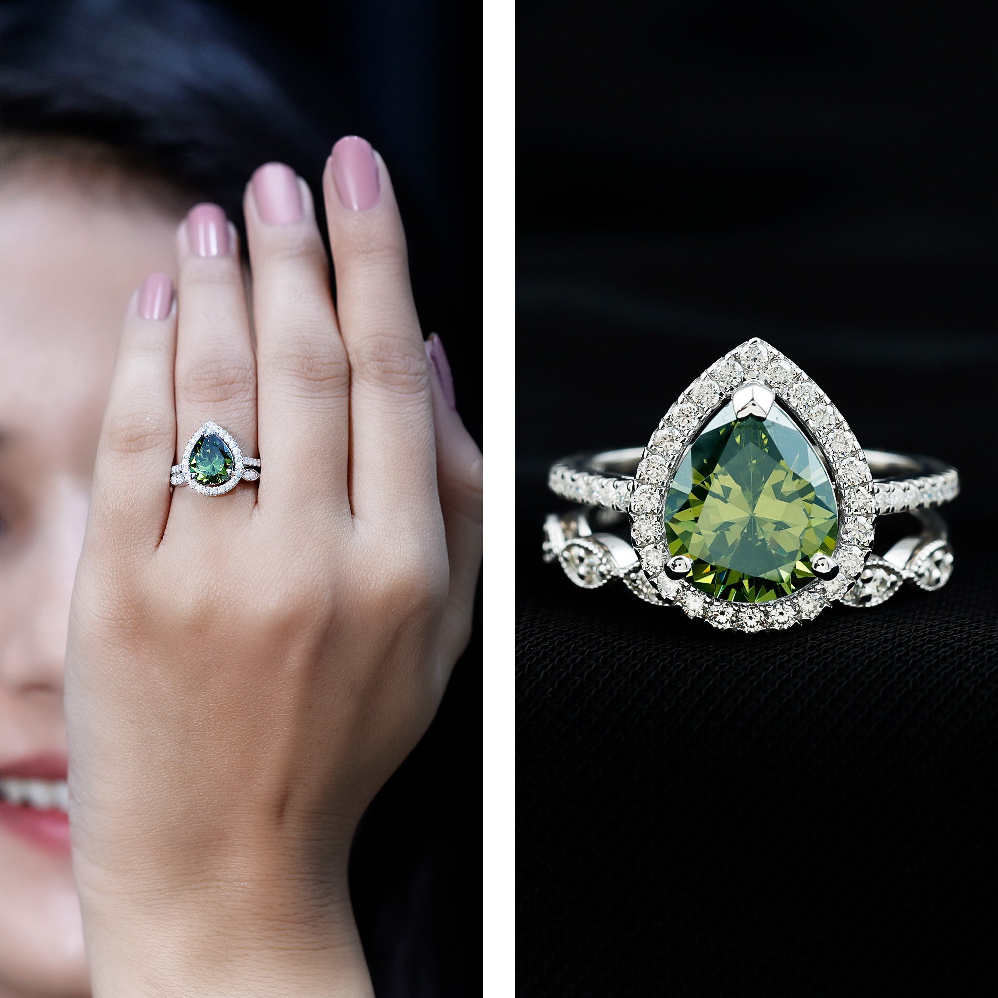 Lab Grown Green Sapphire Teardrop Engagement Ring Set